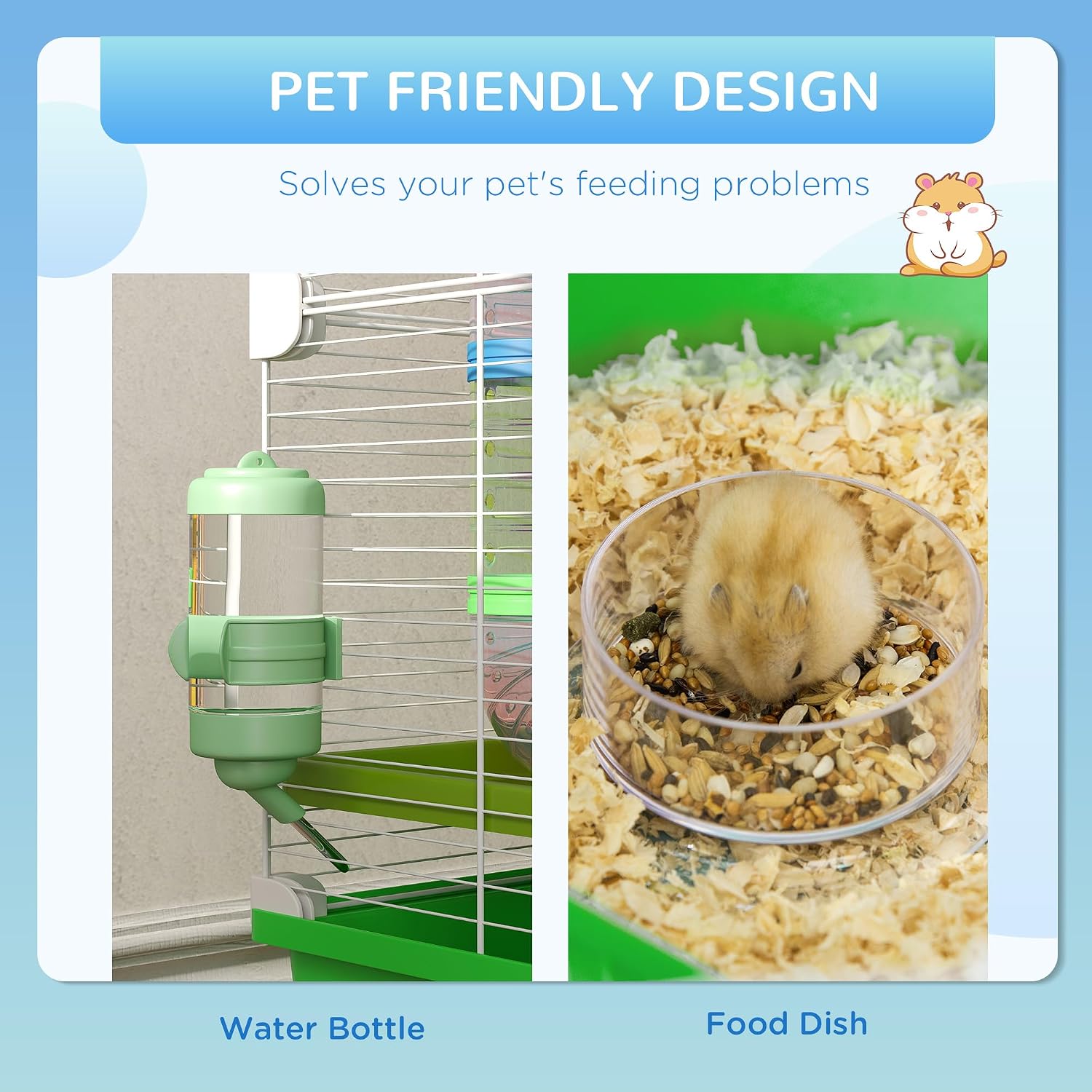 PawHut Extra Large 23" Hamster Cage with Tubes and Tunnels, Portable Carry Handles, Rat House and Habitats Big 5-Tier Design, Mouse Cage Includes Exercise Wheel, Water Bottle, Food Dish, Green - Image 4