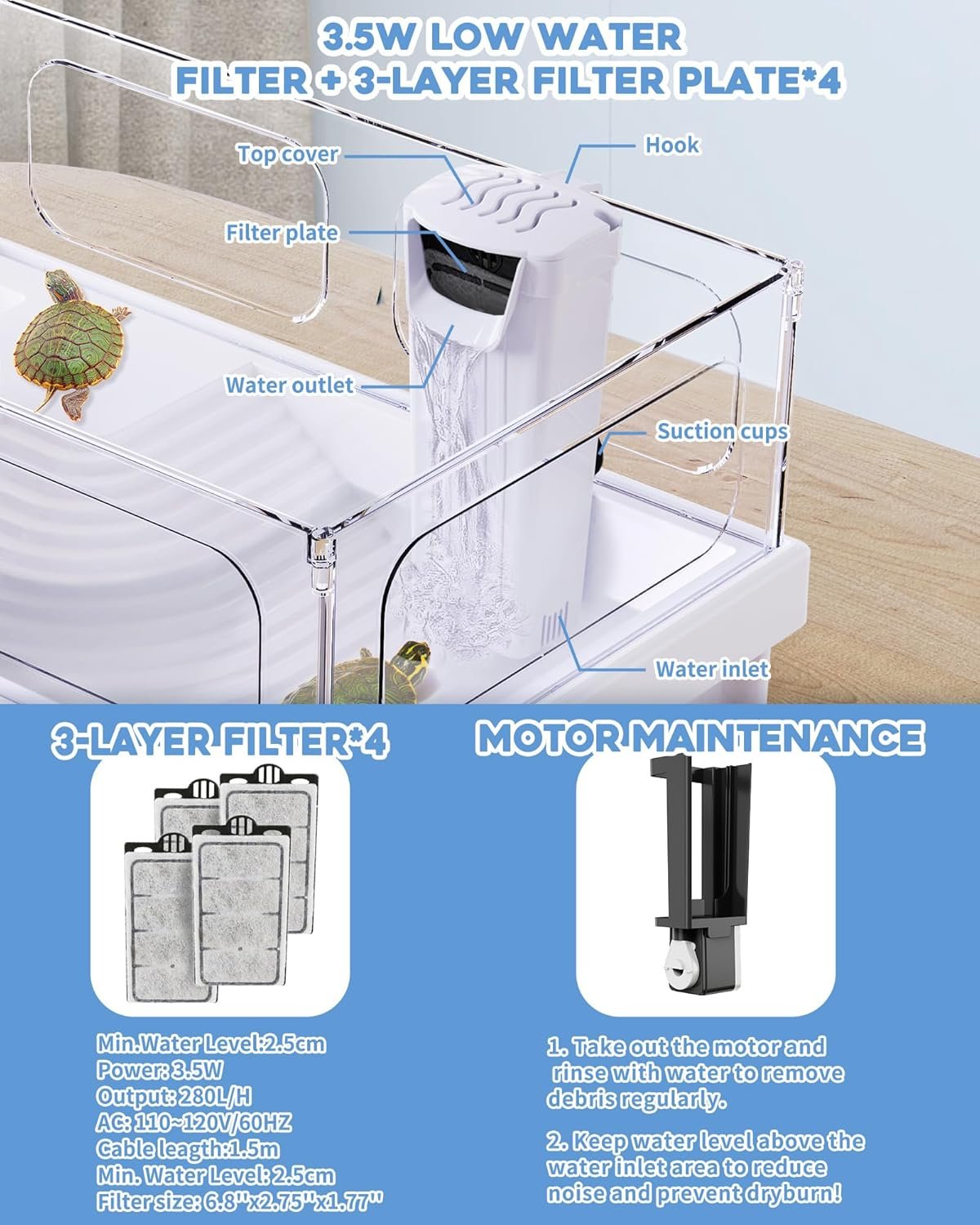 MoonOrange Small Turtle Tank Kit(Tank+Light+Filter), Acrylic Turtle Tank Starter Kit with Bask Platform, Bottom Drain, Multi-Function Area for Small Reptiles.(White) - Image 5