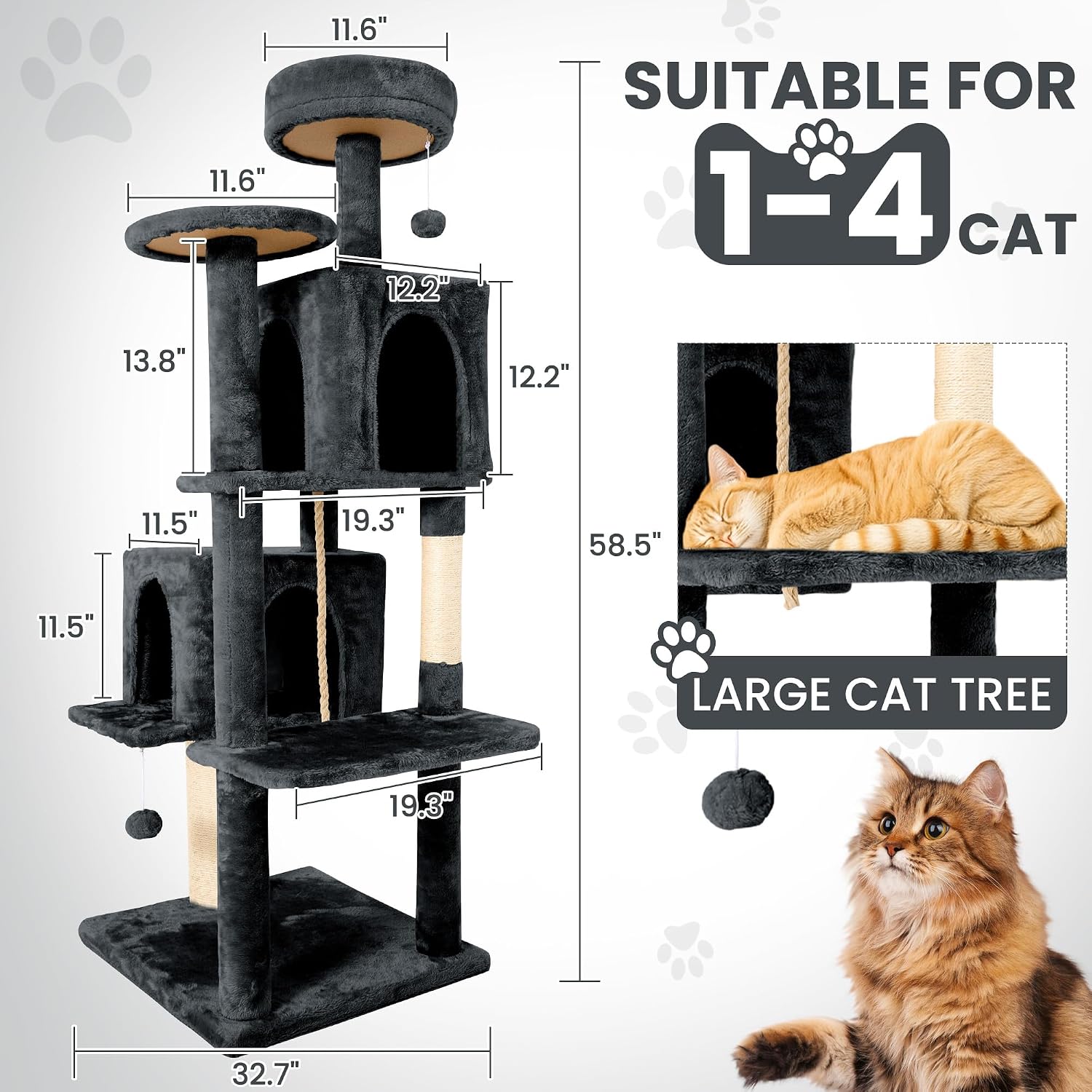 58.5inch Large Cat Tree Tower Condo for Indoor Cats, Soft Plush Multi-Level Climbing Tree Cat House with Cat Cave, Scratching Post, More Entrance/Exit, Sisal Rope, Grey Black - Image 2