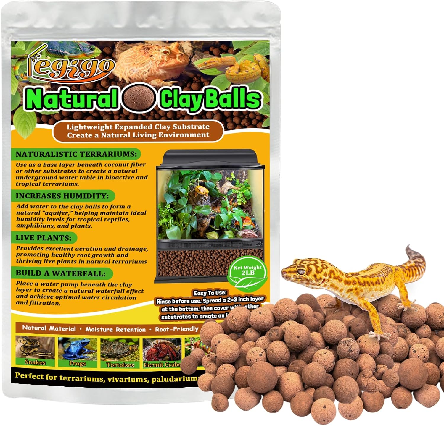 2LBS Leca Balls Terrarium Substrate for Reptiles, Organic Lightweight Clay Pebbles Drainage Layer Substrate for Bioactive Terrarium, Expanded Clay Balls Hydro Balls for Reptiles Tank, Plants