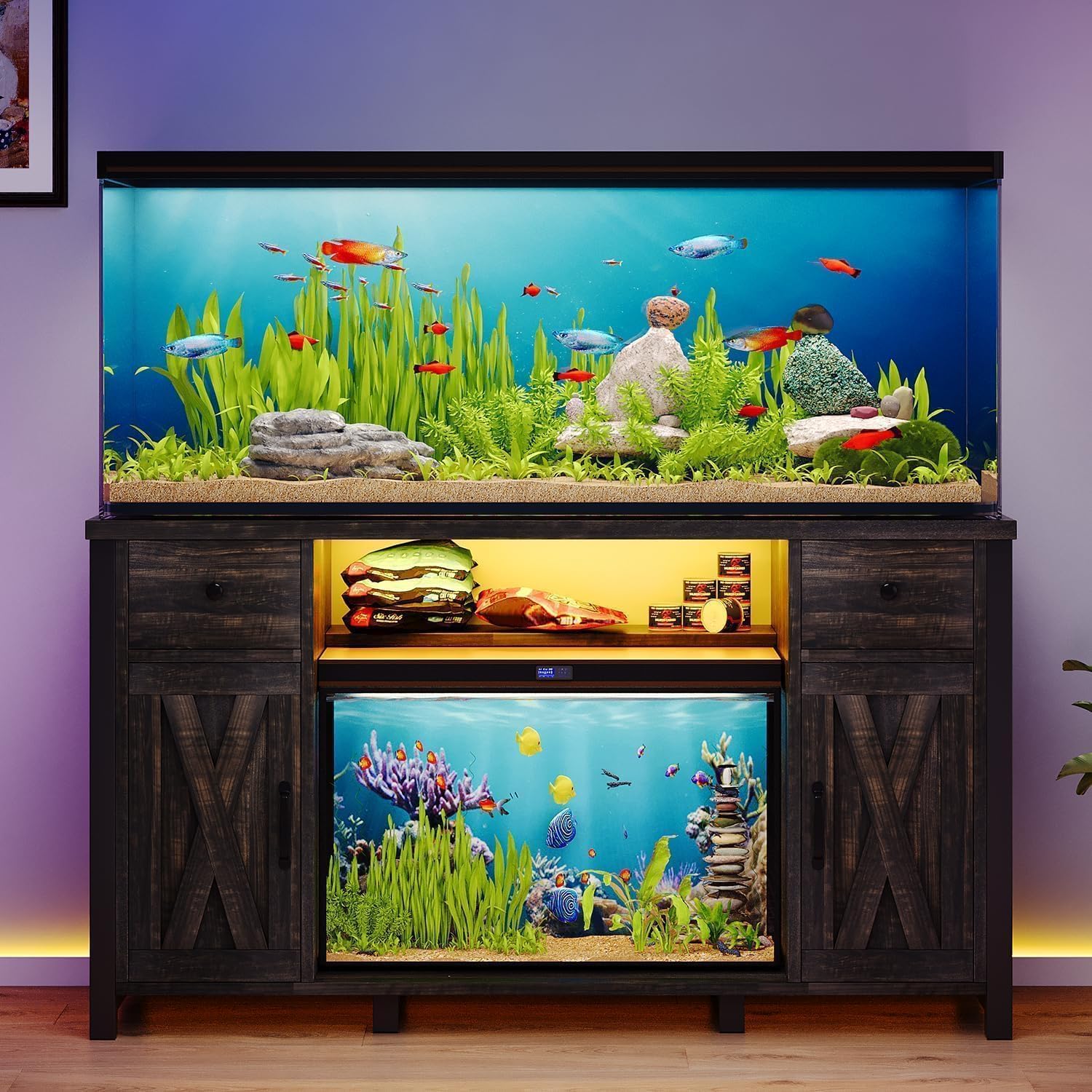 4ever2buy 55-75 Gallon Fish Tank Stand with Power Outlet & LED Lights, Heavy Duty Aquarium Stand with Storage Drawers & Barn Doors, Reptile Tank Cabinet for Turtle, Reptile Terrarium, Dark Oak - Image 6