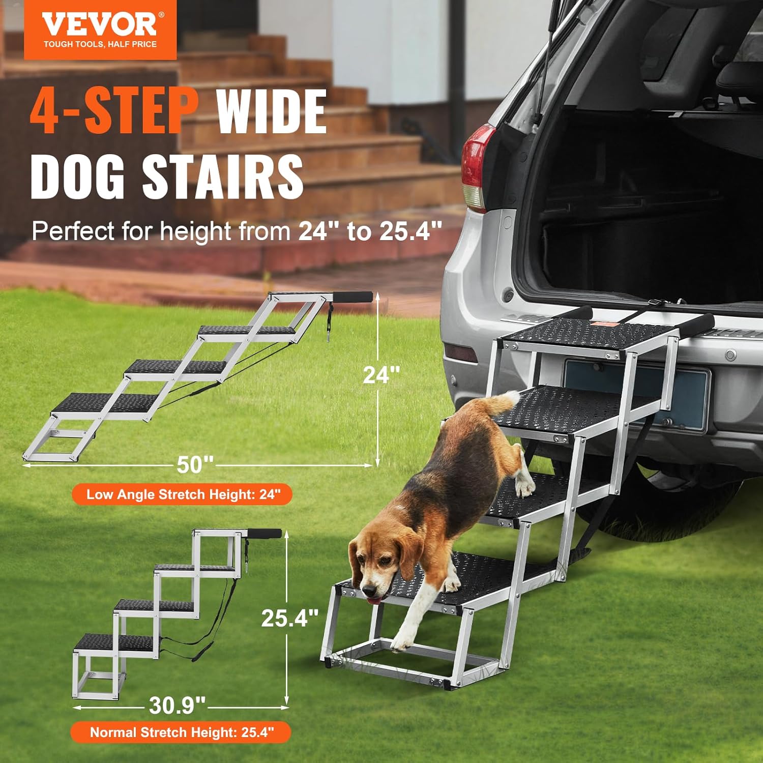 VEVOR 4-Step Dog Car Steps, Folding Dog Ramp with Nonslip Surface, Portable Pet Steps in Aluminum for Car, SUV and Truck, Supports up to 250 lbs - Image 2
