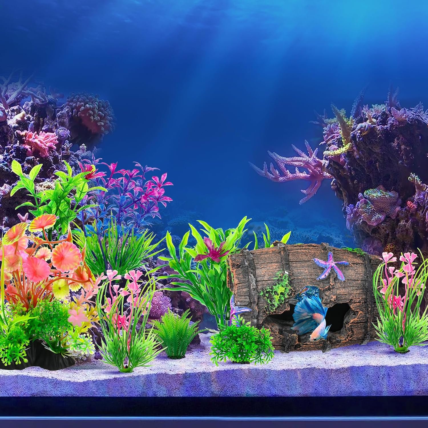 CousDUoBe Fish Broken Barrel Decor Fish Tank Decorations Betta Fish Tank Accessories,Starfish Barrel x 1pc, Aquarium Plants x 8pcs - Image 6