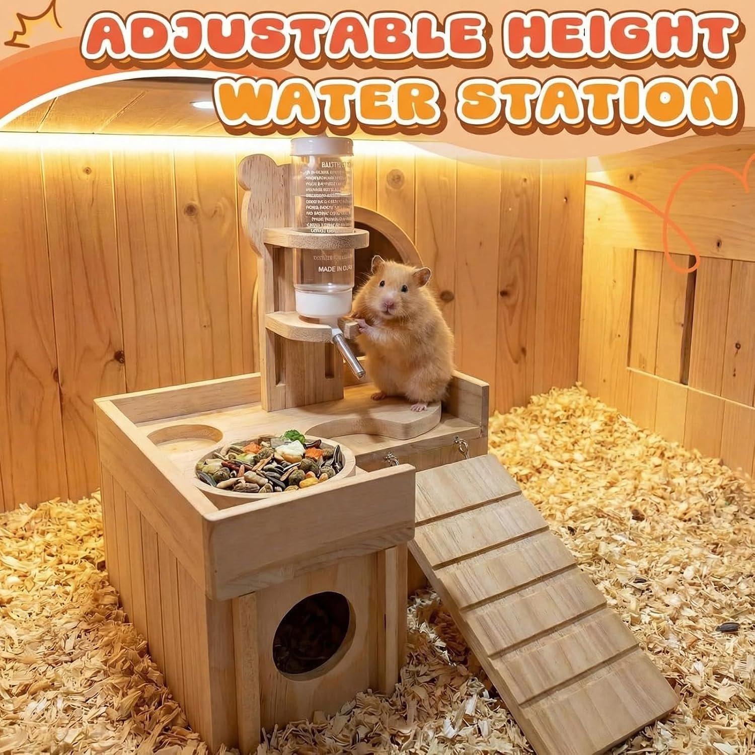 Hamster Cage Accessories, 4 Pcs Wooden Dwarf Hamster Hideout House with Ladder Platform, Feeding Bowl, Water Bottle with Holder Stand for Gerbil Rat Mice Small Animal Habitat Decor - Image 6