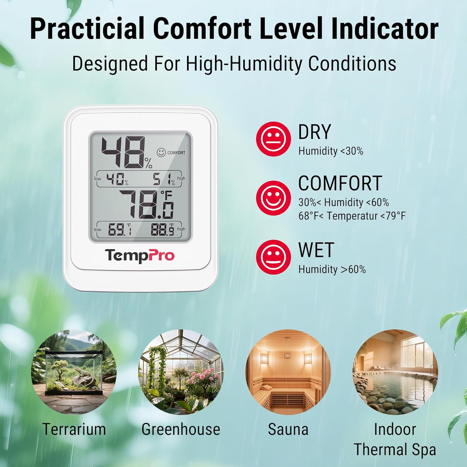 TempPro TP150 Digital Hygrometer Indoor Thermometer, IPX5 High-Humidity Resistant Greenhouse Thermometer Temperature and Humidity Monitor, High/Low Records Humidity Meter for Room Grow Tents, Reptile - Image 5