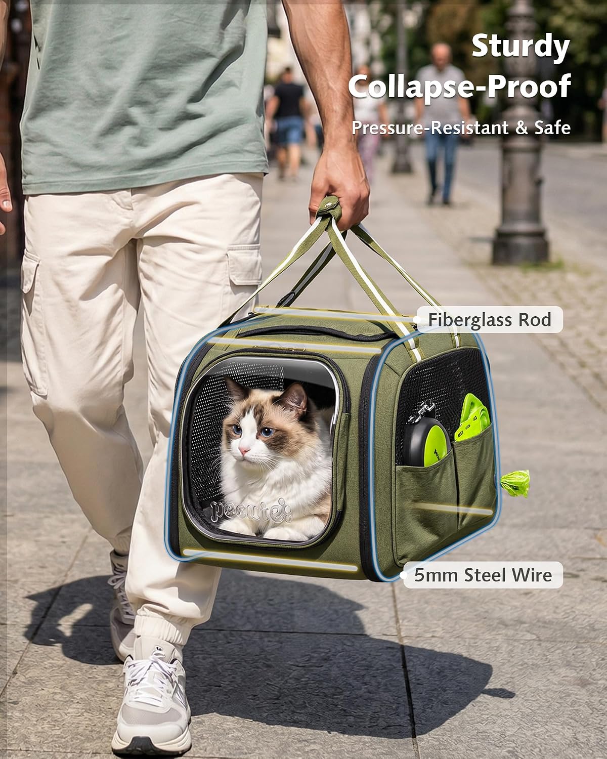 Pecute Cat Carrier with Bubble Window & Sunshade for Dogs Cats, Green L | Dual bubble windows & top sunshade, 70% more airflow mesh, Impact-resistant stable frame, Locking zippers, Fits up to 15 lbs - Image 4