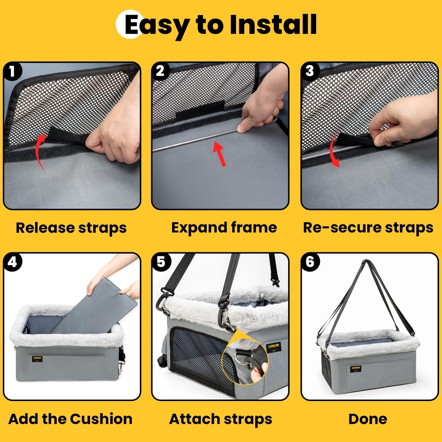 Conlun Dog Car Seat Booster | Steel Frame Anti-Collapse | Small Pet | Grey | Heavy-duty Oxford | Rigid Skeleton Stops Wobbling | Leash Prevents Escapes | Elevated Pet Booster for Calm Car Trips - Image 8