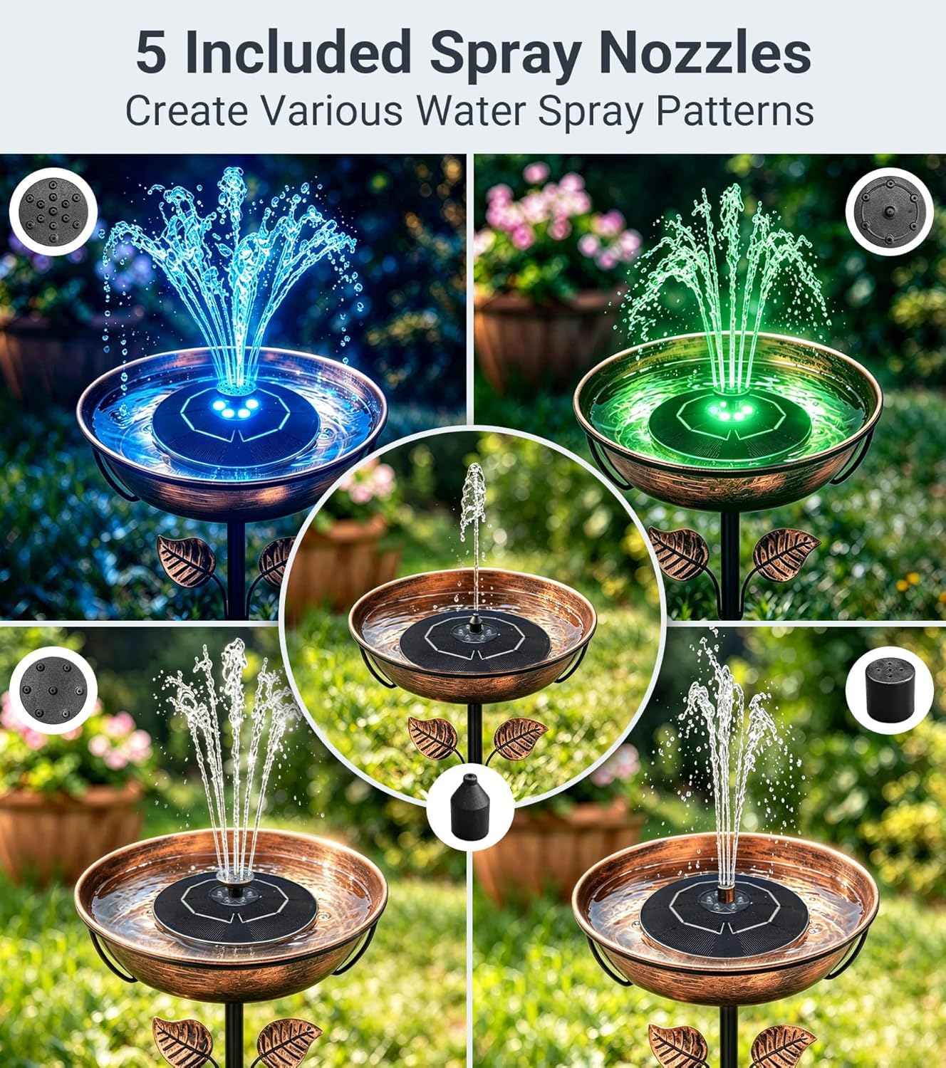 6.3" Solar Bird Bath Fountain with Color LED Lights | 9V/2W Solar Fountain Pump, 800mAh Battery Backup, 4 Fixed Rods 5 Spray Patterns for Birdbath Pond Patio Flowing Water Feature - Image 4