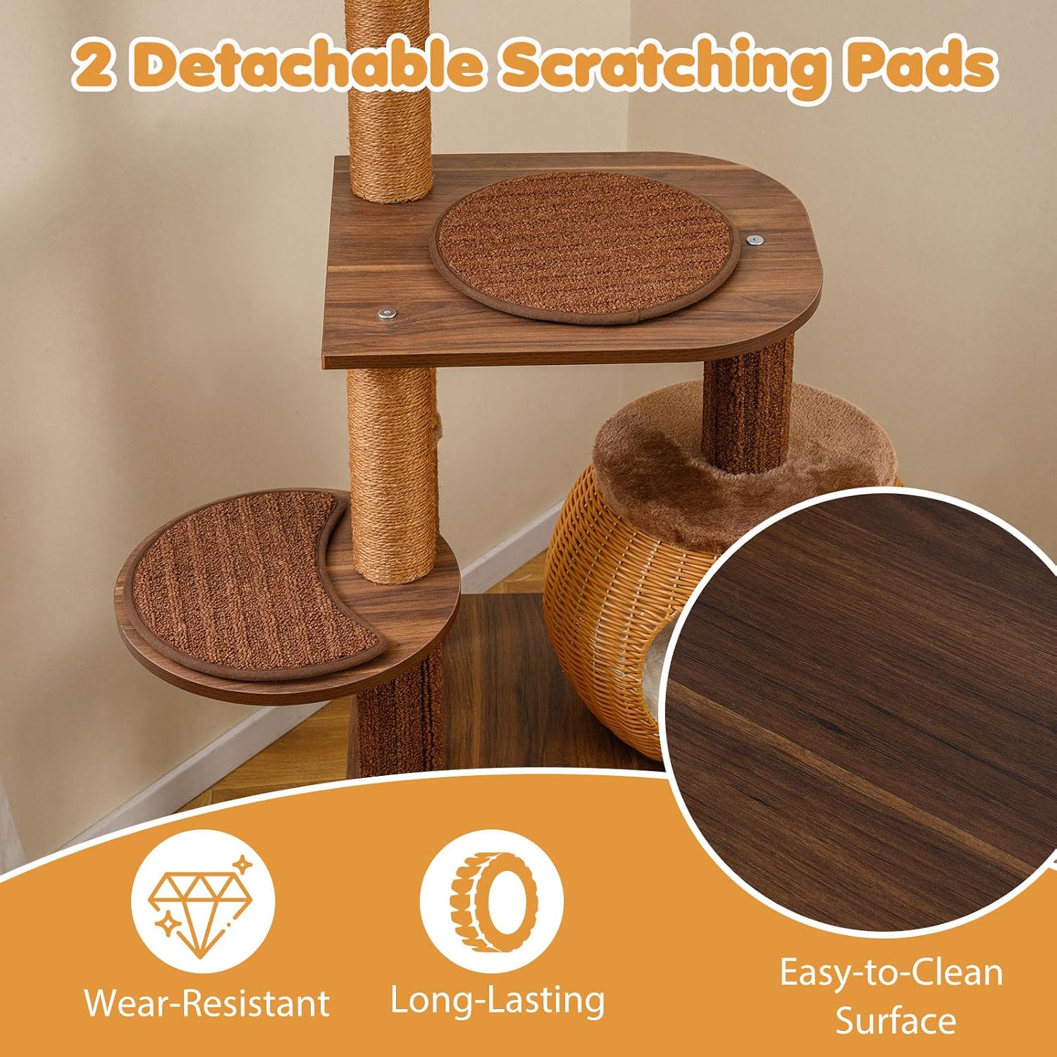 PETSITE 59.5-inch Tall PE Rattan Cat Tree, Multi-Level Modern Wooden Cat Tower with Sisal Scratching Posts, Ball Track Toy, Comfy Condo with Removable Soft Pads, and Hanging Ball, Ideal for Indoor Cat - Image 8