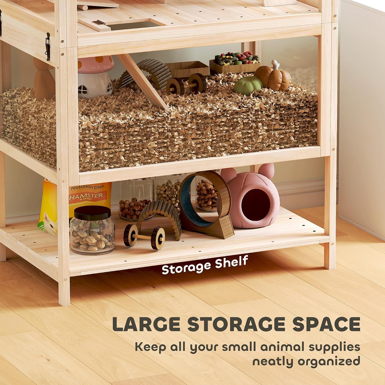 PawHut Wooden Hamster Cage, 3 Tier Small Animal Cage with Detachable Lower Floor, Storage Shelf, Hut, Seesaw, Exercise Wheel, Ramps, Hamster Habitat for Dwarf, Gerbil, 31.5" x 21" x 46" - Image 5