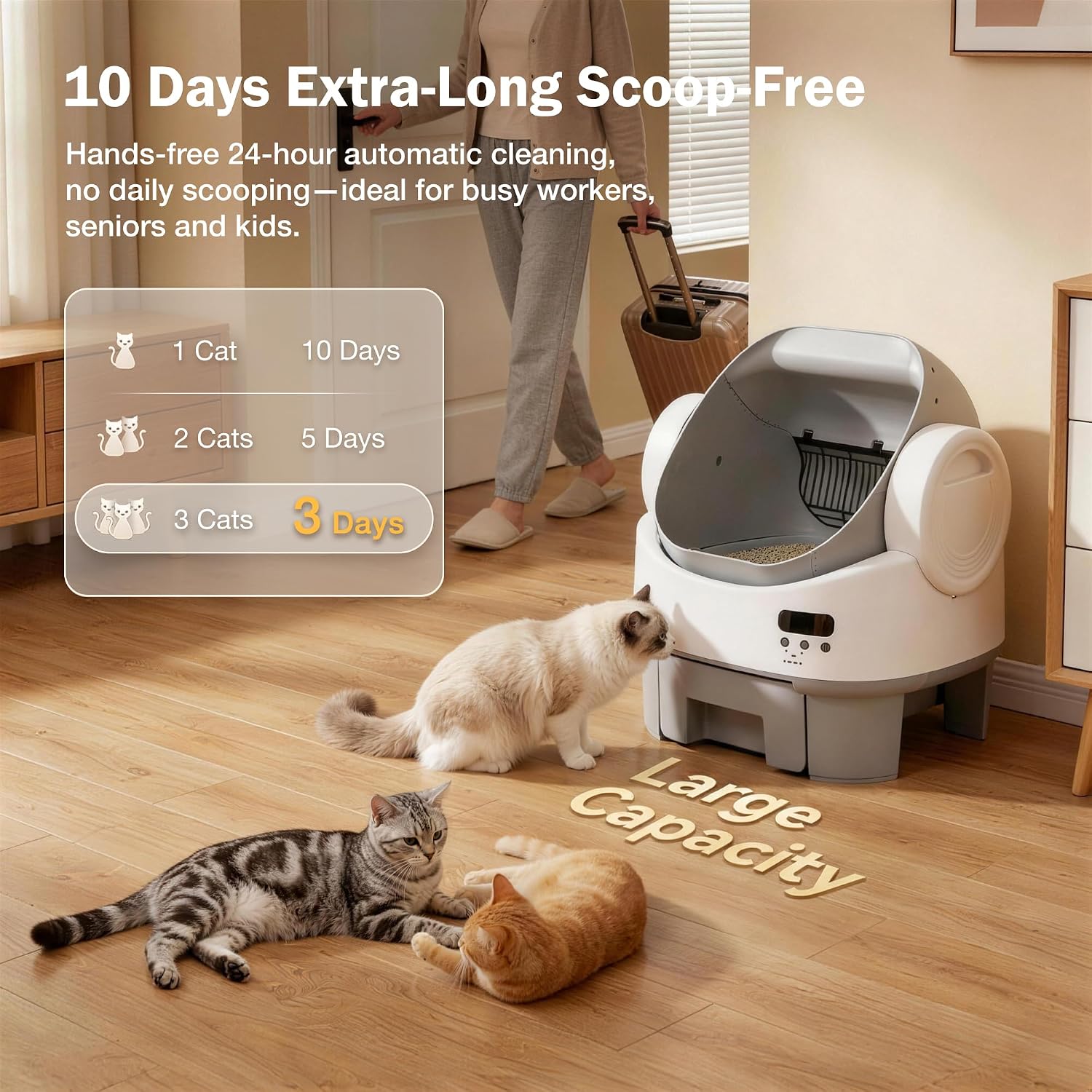 WARCAT Self-Cleaning Cat Litter Box, Open-Top Automatic Litter Box with Child Lock, 10L Large Capacity Waste Drawer, No APP Required, Includes Garbage Bags & Cleaning Mat (Gray) - Image 2