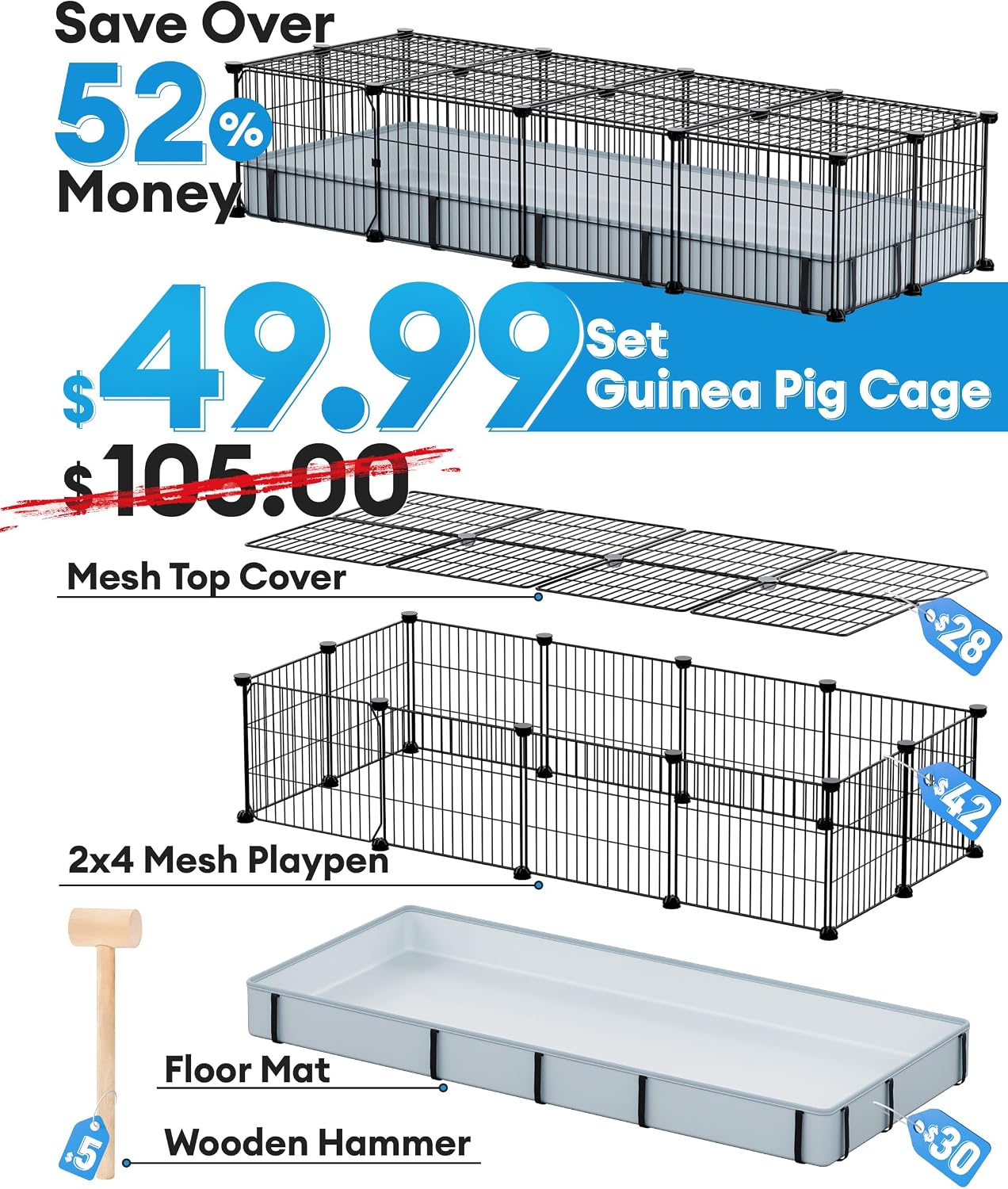 BUCATSTATE Guinea Pig Cages for 2, 20 Panels Guinea Pigs Playpen with Waterproof Mat, Metal Rabbit Cage Indoor for Hedgehogs, Quail, Chickens (56" L x 24" W x 12" H) - Image 3