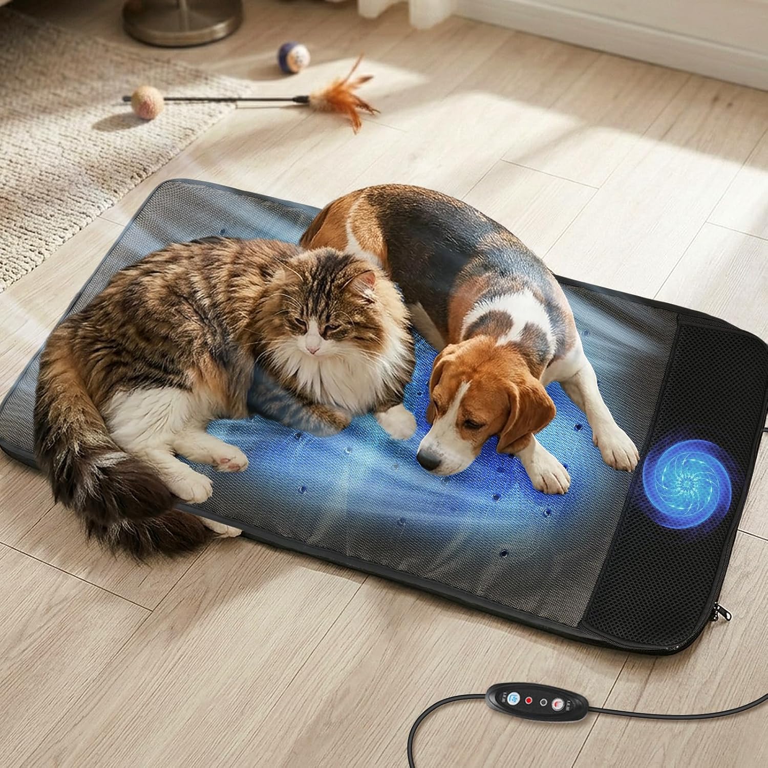Electric Pet Cooling & Heating Pad, 33"x16" Large Dog Ventilated Mat with Fan, Cat Heating Pad, Winter Warm Dog Pad & Cooling Cat Mat for Indoor Pet Beds & Furniture Outdoor Cat Houses, 3 Levels