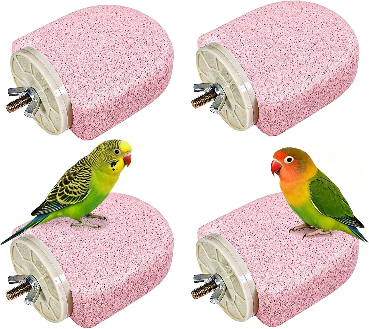 4PCS Bird Beak Grinding Stone,Parrot Perch Stands,Parakeets Platform Chewing Toys Calcium Pumice Lava Foot Claws Trimmer Climbing Ledge for Cockatiel Budgie Conure Lovebird(Pink)