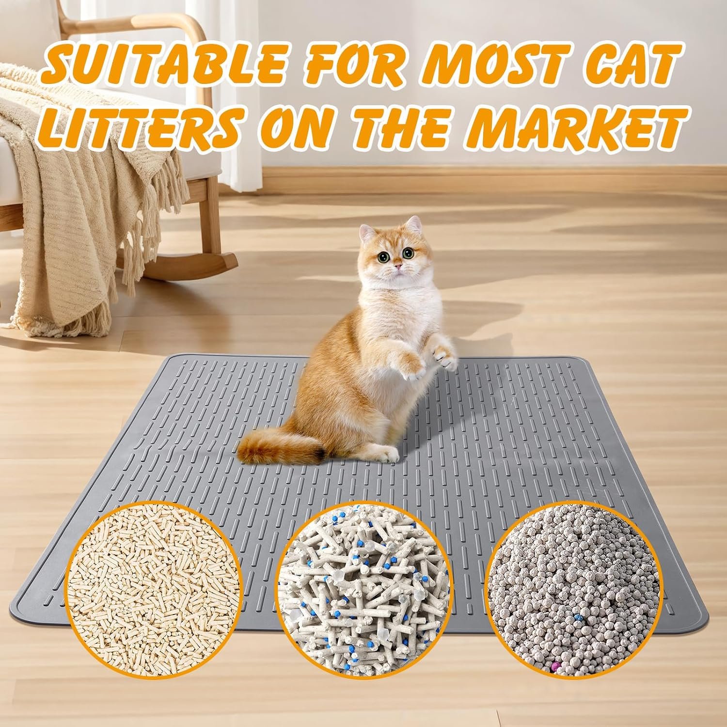 Silicone Cat Litter Mat, Waterproof, Raised Edge, 28 x 20 in, Gray | Quick-clean silicone, traps litter, leakproof floor protection, non-slip base, doubles as feeding mat - Image 8