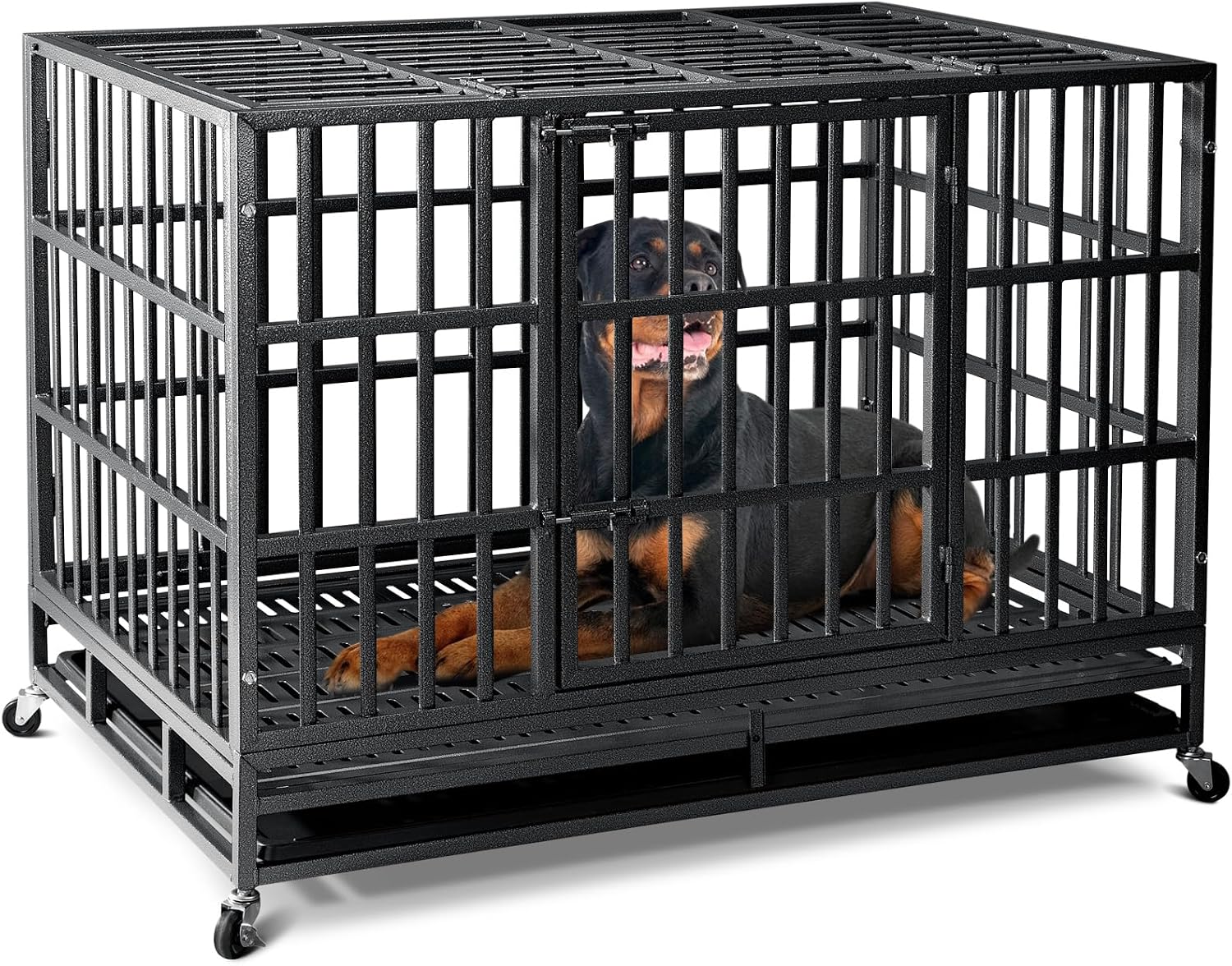 Oranland 48 inch Heavy Duty Indestructible Dog Crate,New Upgraded Escape Proof Reinforced Baseplate for Large Dogs,XL Dog Crate for High Anxiety Dogs/Max Load Capacity 300lbs/Double Door with Wheels