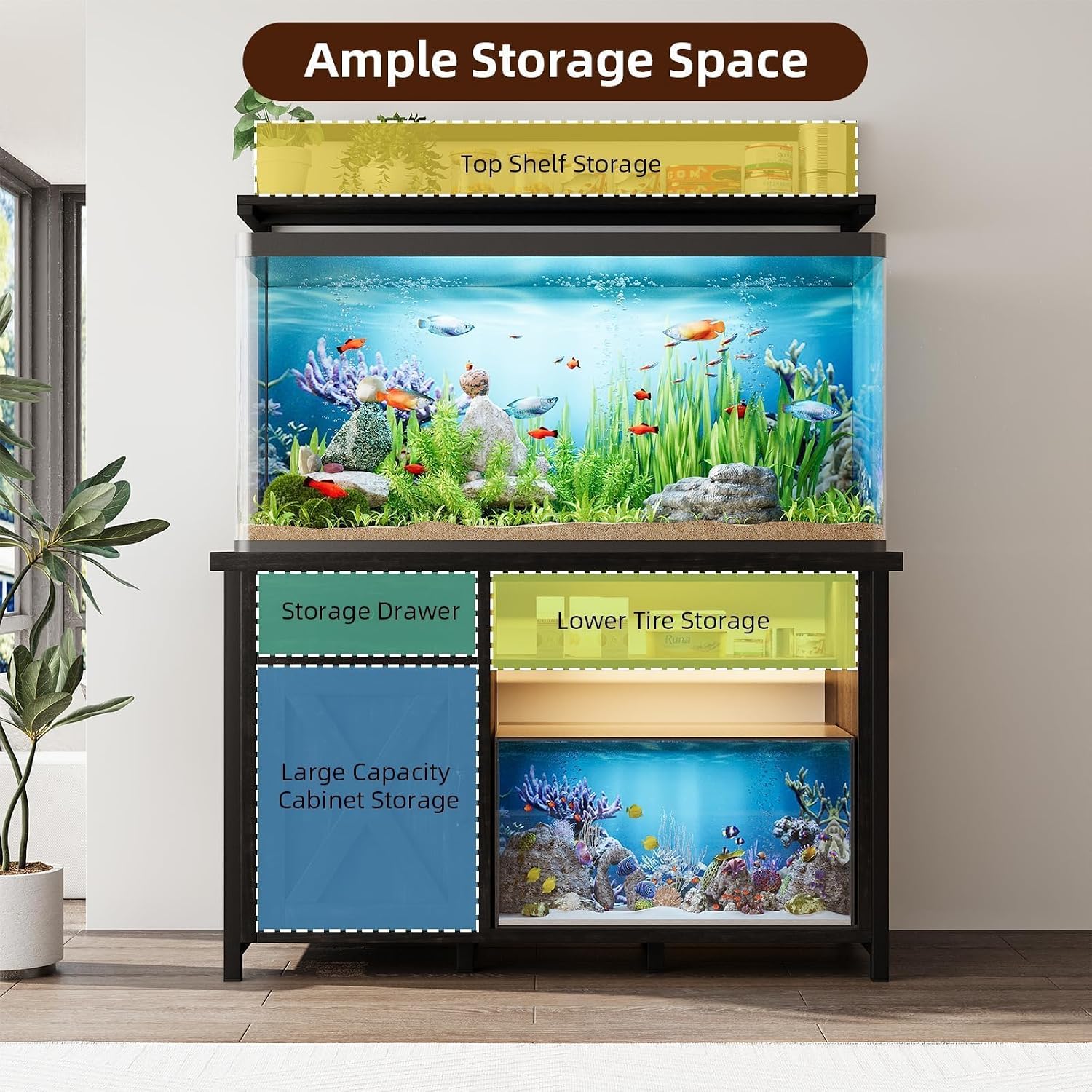 55-75 Gallon Fish Tank Stand with Power Outlet, Led Light, Heavy Duty Aquarium Stand with Cabinet for Fish Tank Accessories Storage, Shelf, for Turtle Tank, Reptile Terrarium, 1100 LBS (Oak) - Image 6