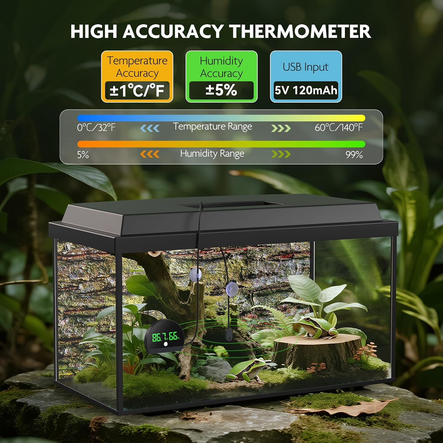 PAIZOO LED Rechargeable Reptile Thermometer Hygrometer, Always-on Display | Temperature Accuracy ±0.1℉, Long Battery Life, Switch Between ℉/℃, Reptile Tank Thermometer with 59.05" Type-c Charging Cable - Image 5
