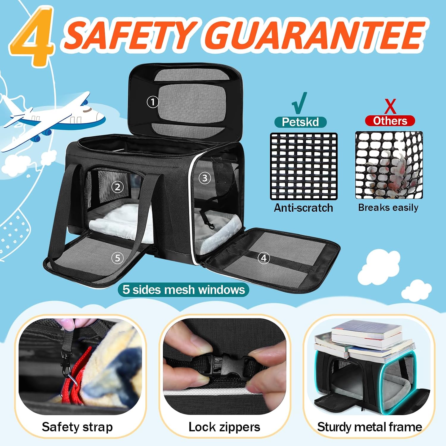 Petskd Top-Expandable Small Pet Carrier with Wheels(18" L x 11" W x 11" H), Delta/American/United Airlines Approved, Rolling Pet Carrier for Small Dogs & Cats (Black) - Image 6