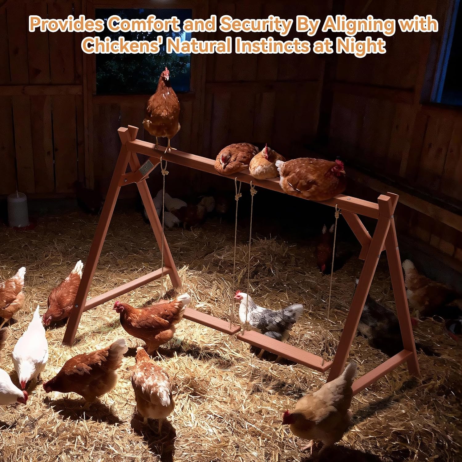 PETSFIT Wooden Solid Chicken Perch & Roosting Bars with 2 Swings, 50"x30"x34" Coop Toy for 6–8 Hens, Multi-Level Stand Encourages Exercise & Natural Behavior, Easy to Assemble & Clean,Outdoor Use - Image 7