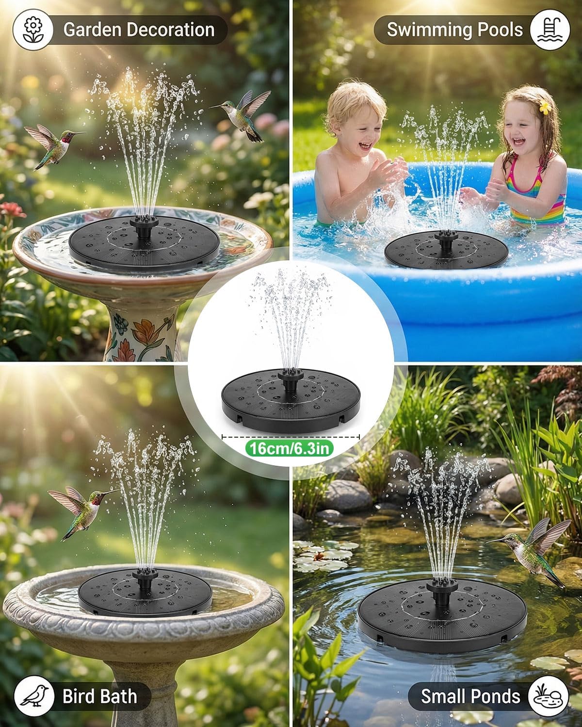 Solar Bird Bath Fountain – 2026 Newly Upgraded 1.4W Solar Pump with 7 Nozzles, Floating & Free-Standing, Solar Fountain for Bird Bath, Garden, Pond, Pool, Outdoor - Image 3
