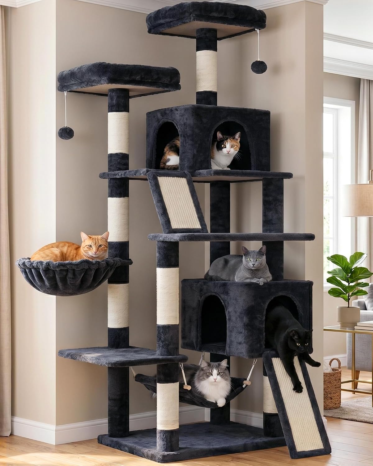 Gitelsnour Cat Tree for Indoor Cats, 71'' (180cm) Multi-Level Cat Tower for Large Adult, Sturdy Cat Tree House with 2 Scratching Boards 7 Posts, 2 Plush Perches/Condos, Hammock, Smoky Gray GCT032G - Image 7
