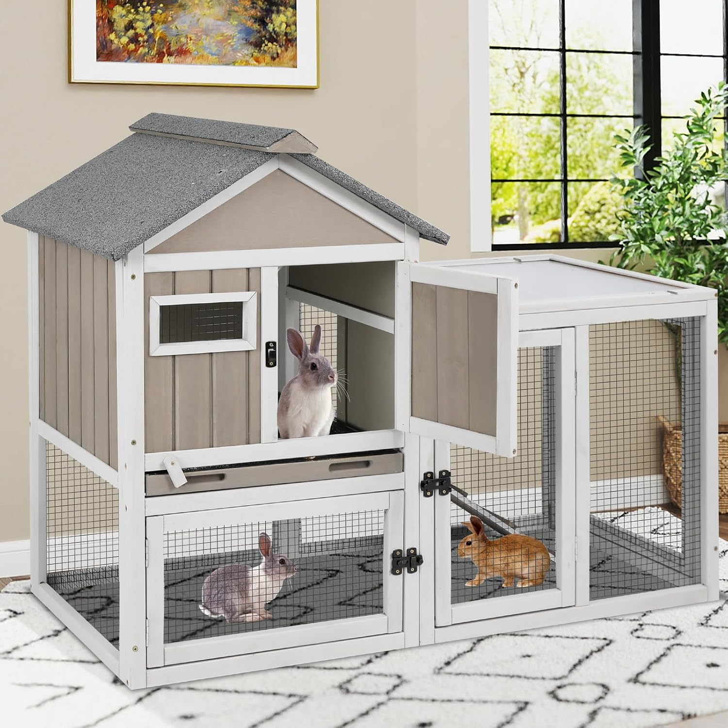 Ketive 48" L Rabbit Hutch Outdoor Indoor Bunny Hutch Weatherproof, 2-Story Wood Rabbit Cage with Deep Tray, Chew-Resistant Ramp, UV Roof, Bunny House for Small Animal, Expandable Guinea Pig Cage - Image 7