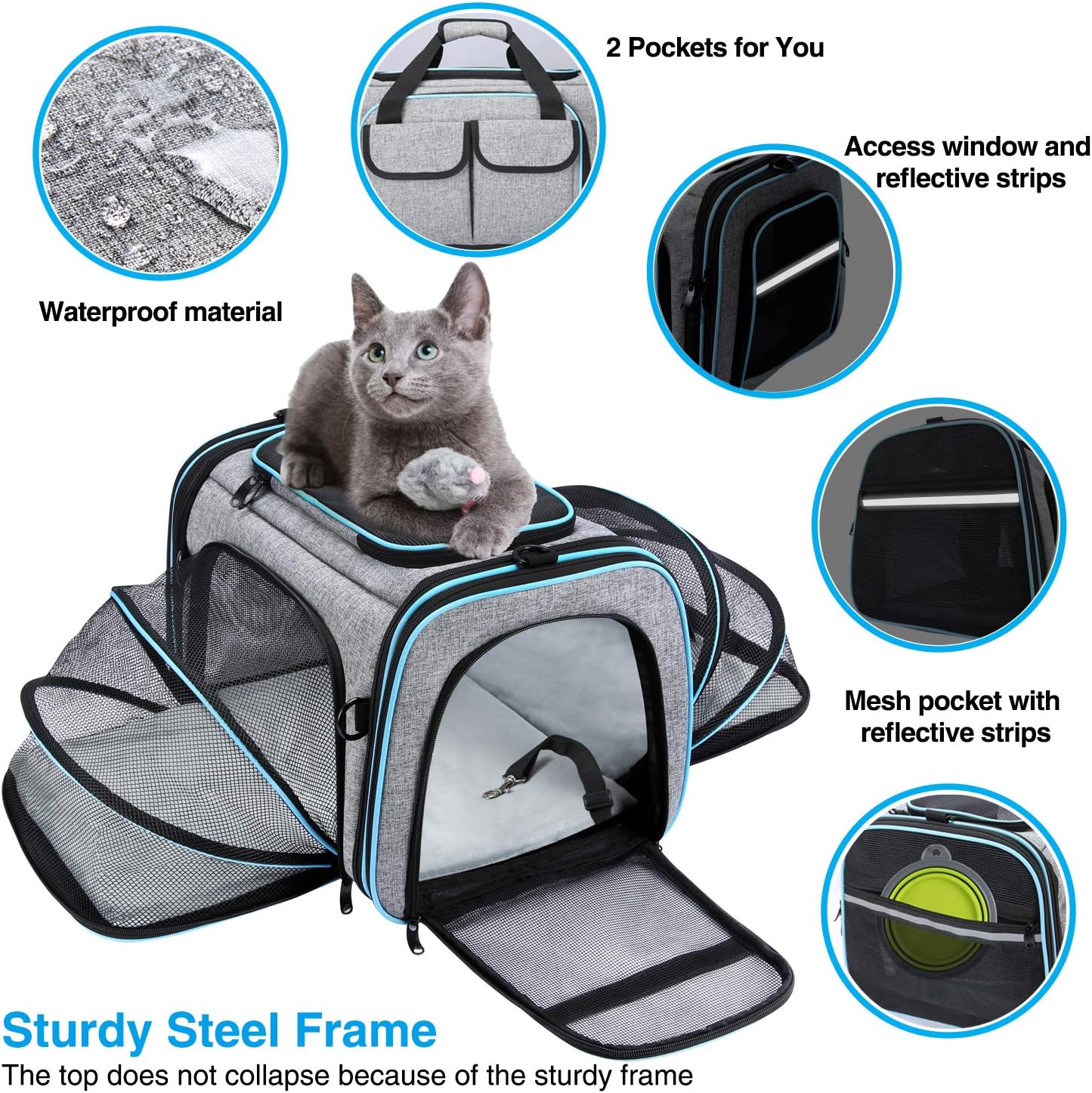 Airline Approved Pet Carrier, Large Soft Sided Pet Travel TSA Carrier 4 Sides Expandable Cat Collapsible Carriers with Removable Fleece Pad and Pockets for Cats Dogs and Small Animals - Image 5