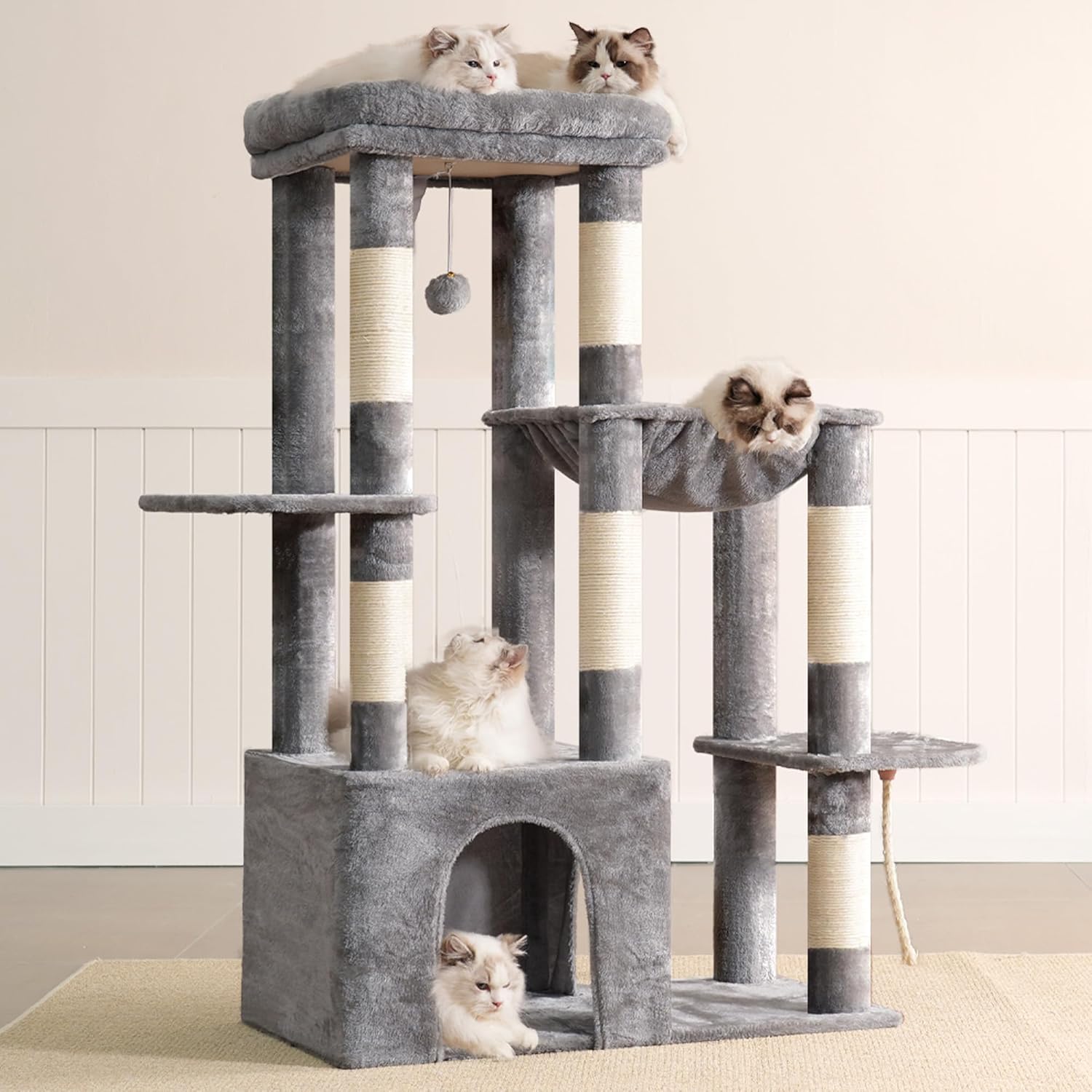 Heybly Heavy Duty Cat Tree, Tower for Indoor Cats Large Adult, Tall Cat Condo House with Extra-Large Baseboard, Multi-Level Plush Furniture with Scratching Posts, Hammock,Toy Balls,Light Gray HCT026W - Image 9