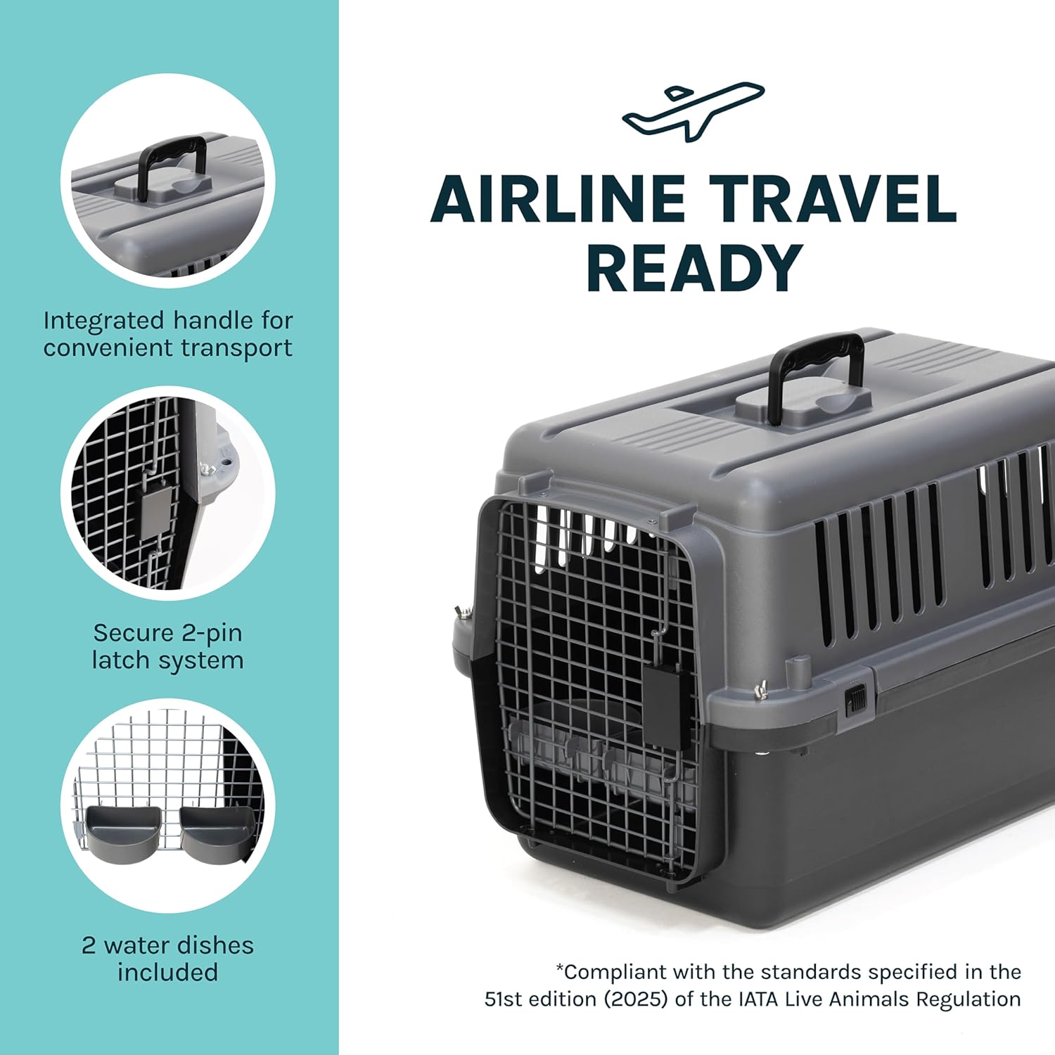 SportPet Airline Compliant Small 24" Travel Dog Kennel - Durable Plastic Airline Pet Carrier (No Wheels) & Food Bowls, Collapsible Indoor/Outdoor Dog Kennel, Dogs up to 21" L & 13" H - Dark Gray - Image 6