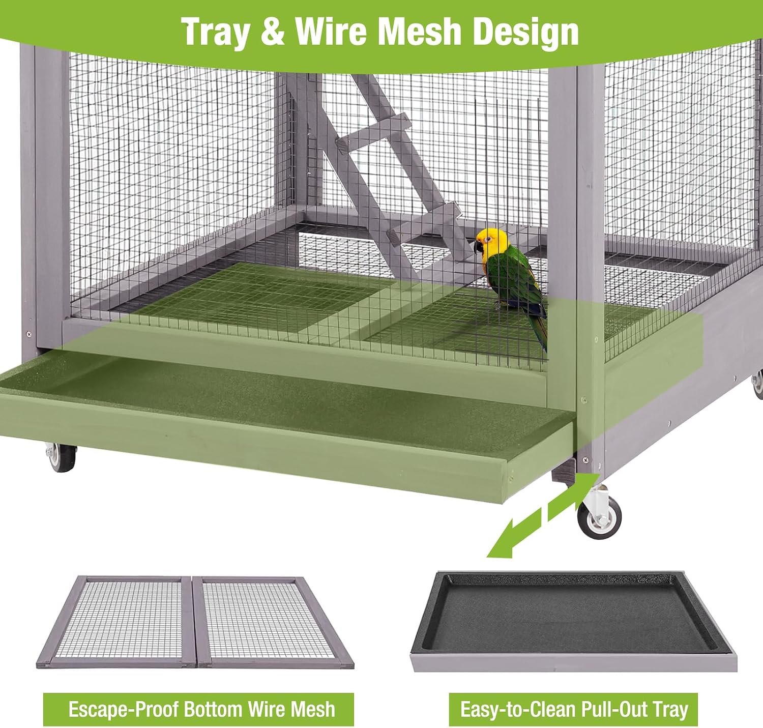 GUTINNEEN Large Bird Cage Outdoor Wooden Aviary Indoor on Wheels, with Play Stand, Perches, Nest Habitat & Wire Mesh Tray for Easy Cleaning - Image 4