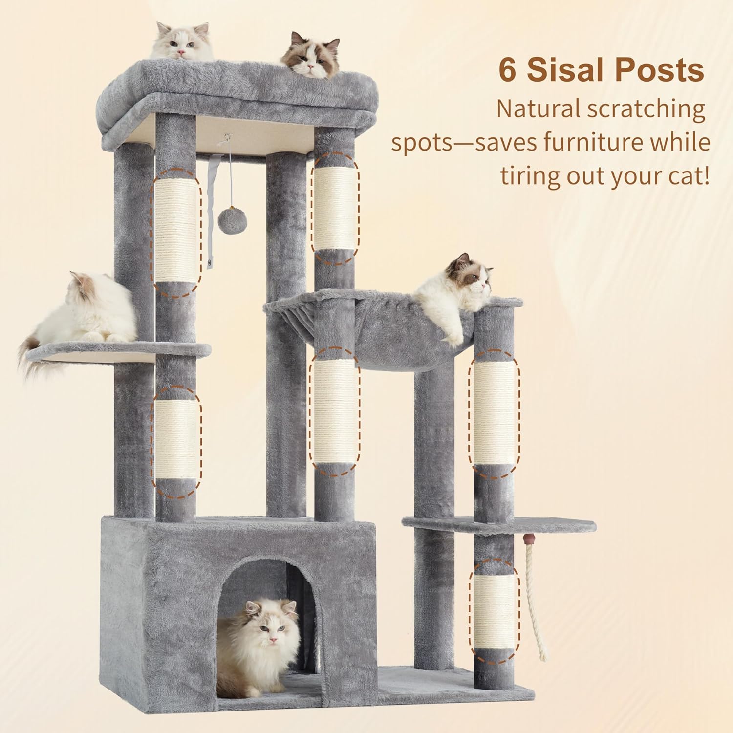 Heybly Heavy Duty Cat Tree, Tower for Indoor Cats Large Adult, Tall Cat Condo House with Extra-Large Baseboard, Multi-Level Plush Furniture with Scratching Posts, Hammock,Toy Balls,Light Gray HCT026W - Image 8
