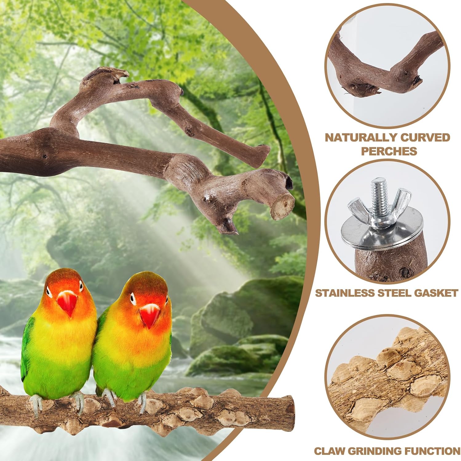 LIMIO 6-Piece Bird Perch Set - Natural Wood Grape Sticks, Paw Grinding Forks, Bird Stand & Toys for Parakeets, Cockatiels, Conure, Budgies - Image 3
