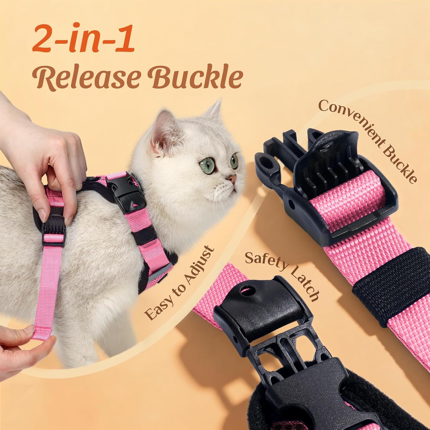 Dooradar Cat Harness and Leash Set with Neck Release Buckle, Pink | Escape Proof, 3 Easy-on Buckles, Smooth & Lockable Adjustment, Soft Air Mesh, Reflective, for Small to Average Cat Walks, S - Image 5