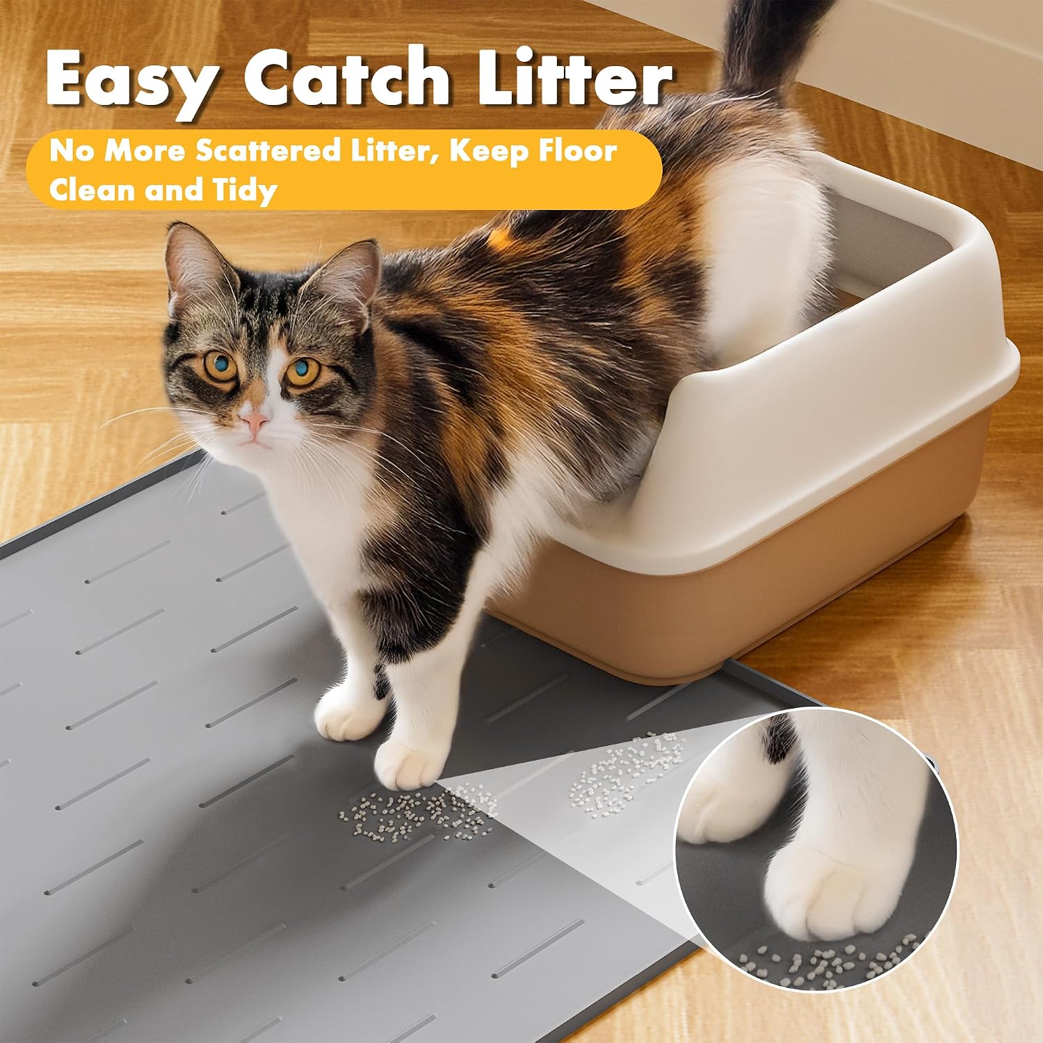 Pieviev Silicone Cat Litter Trapping Mat, 34''x22'' Large Cat Litter Mat, Easy to Clean & Soft on Kitty Paws, Waterproof Kitty Litter Pads for Indoor Cats, Light Grey - Image 2