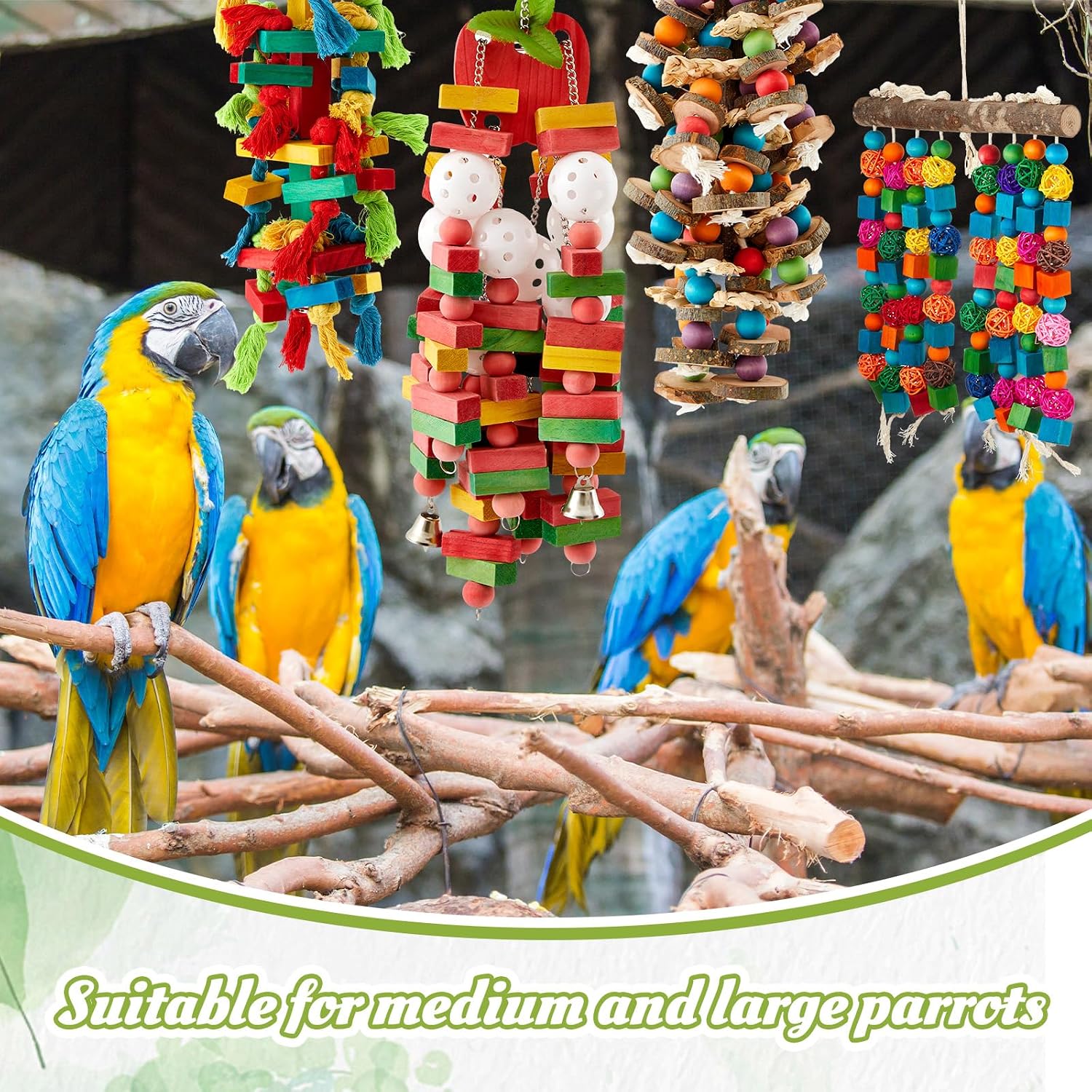 Seenelling 4 Pcs Extra Large Bird Parrot Toy Multicolored Natural Wooden Parrot Cage Chewing Toys for Large Medium Macaws Cockatoos African Grey Birds (Block and Ball) - Image 6