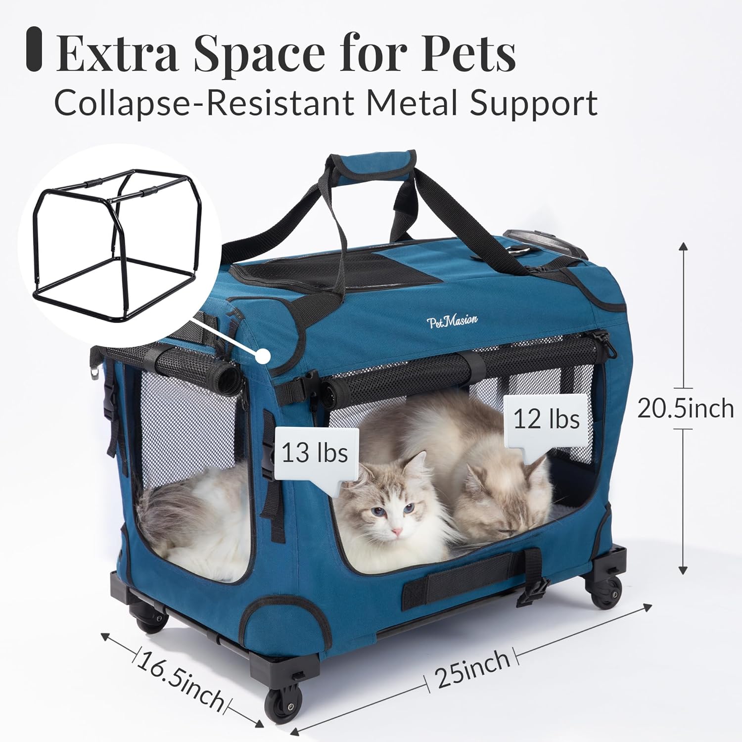 Extra Large Rolling Cat Carrier with Wheels, Soft Sided Pet Dog Carrier on Wheels for Big Cat 20lbs+ 2 Cats, Car Travel Portable XL Wheeled Bag 25"x16.5"x20.5" - Image 2