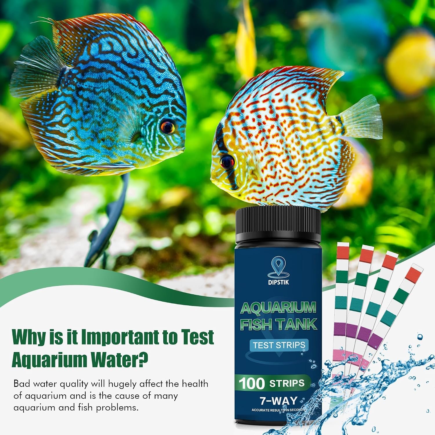 Aquarium Test Strips,7-Way Freshwater Saltwater Fish Tank Pond Test(100ct) | Nitrate, Nitrite, Chlorine, Hardness, Alkalinity, Carbonate, pH - Image 4