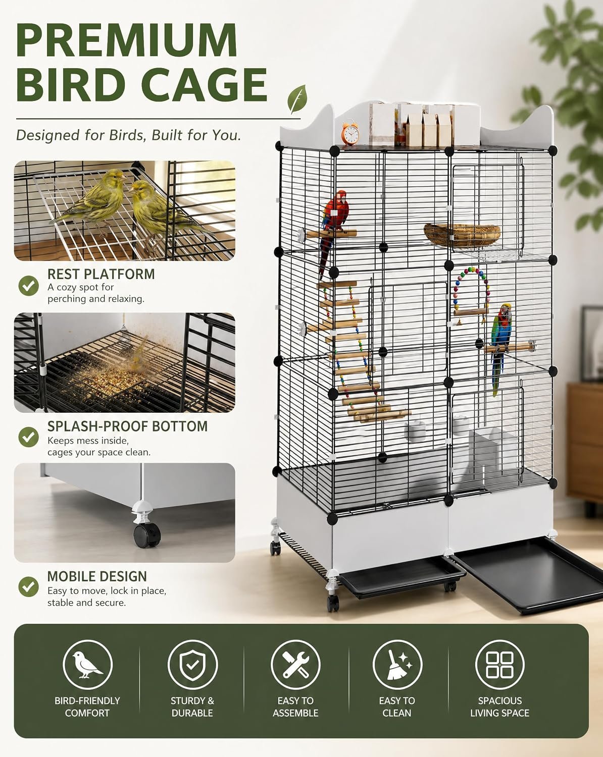 Encrypted Bird Cage Large Bird Cages 57-Inch, Top Storage Space, Bottom Splash Guard with Essential Bird Supplies – Durable & Spacious Aviary – Budgies & Cockatiels - Image 4