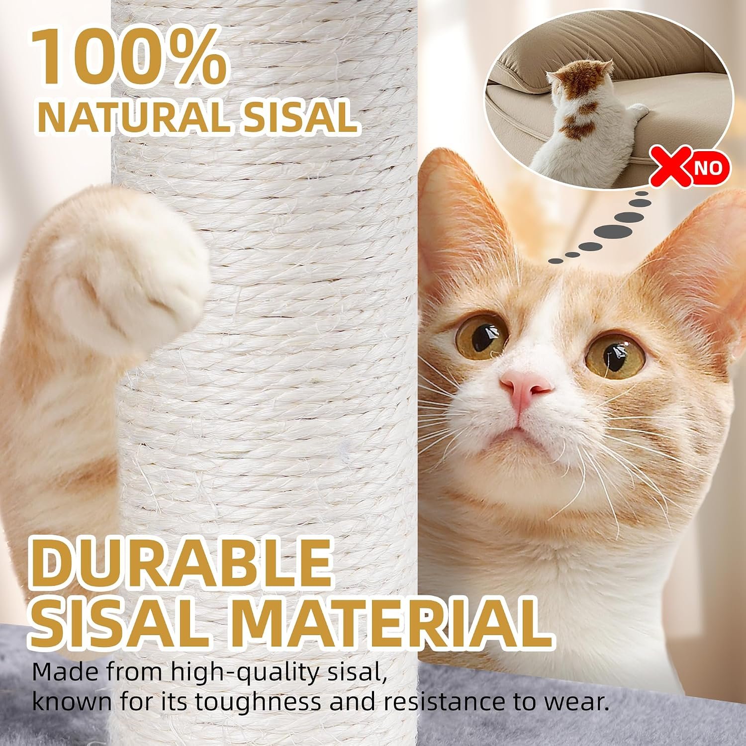 Three Layer Cat Tree with Cat Condo Scratch Pad and Two Hammocks,Grey | 3-Tier Cat Tree,Natural Sisal,Replaceable Hanging Balls,Sturdy Cat Furniture for Kitten&Adult Cat - Image 8