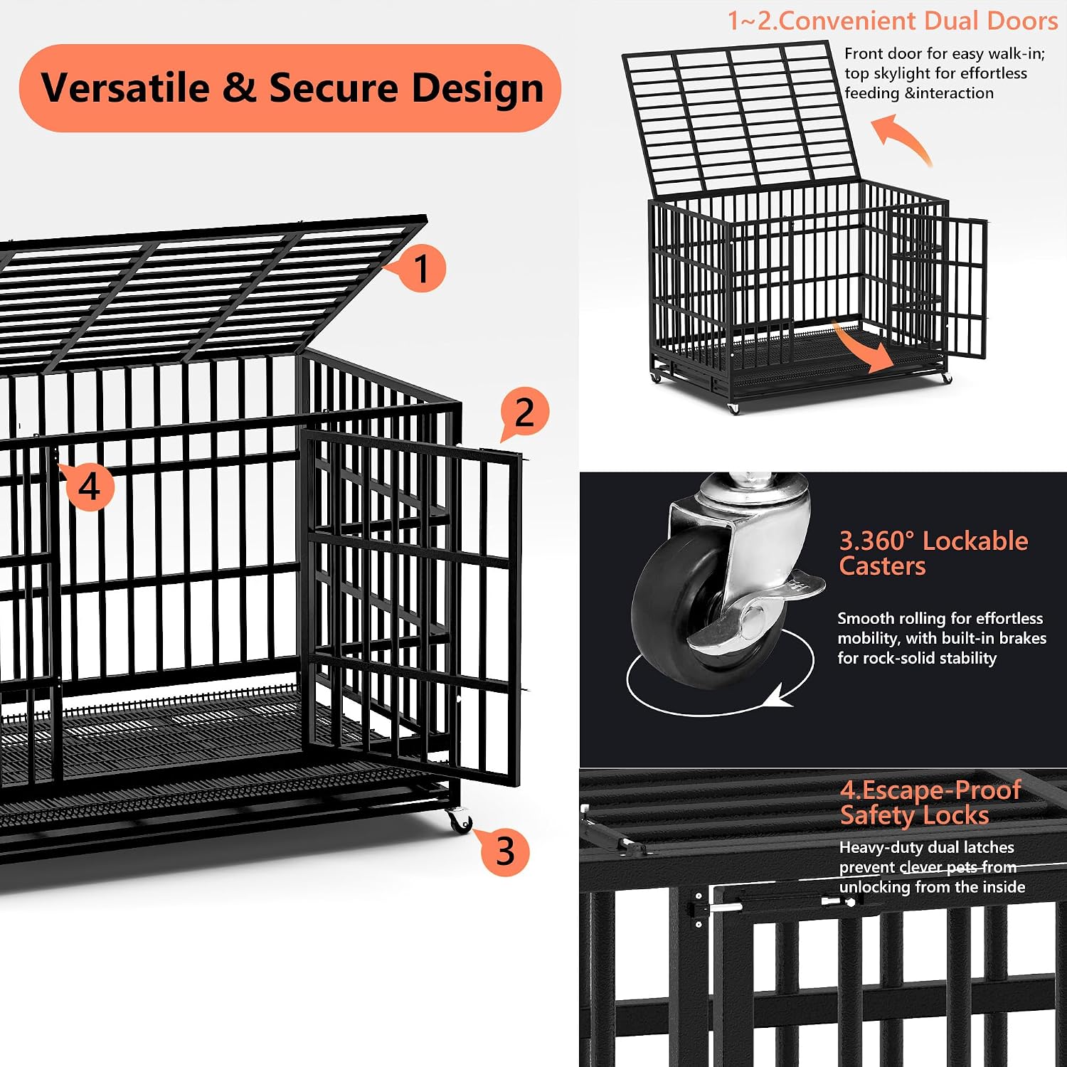 LEMBERI 48" Heavy Duty Dog Crate, Indestructible Escape-Proof Cage Kennel for Large Dogs, High Anxiety Dog Crate with Removable Wire Trays & Lockable Wheels, Extra Large XL XXL, Black - Image 6