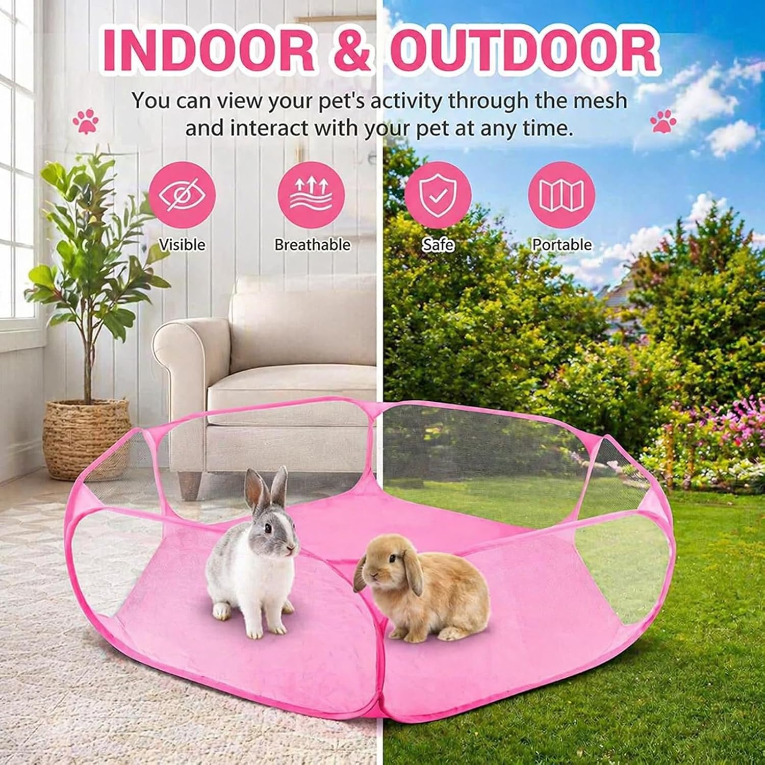 Rypet Guinea Pig Playpen Pop-Up, Outdoor Yard Fence for Small Pets,Pink | Breathable 360° Mesh View, Pops Open Fast, 47 x 15 in Play Space, Folds Flat for Travel, Rabbits Hamsters Hedgehogs - Image 8