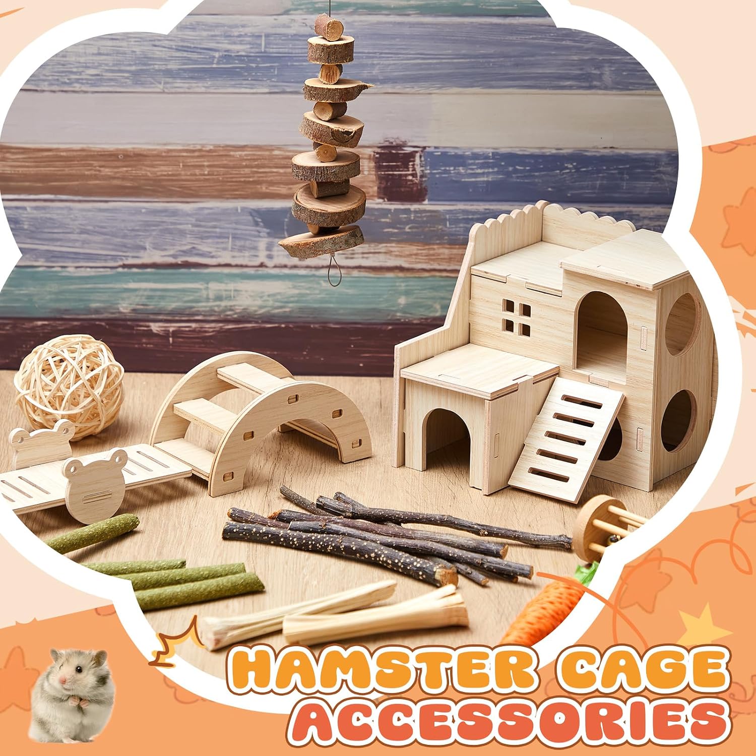 8 Pcs Hamster Cage Accessories Hamster Starter Kit with Maze Wood House, Bridge, Seesaw, Chew Toys Set for Gerbils and Mice Small Animals Habitat Supplies(Classic Villa) - Image 4