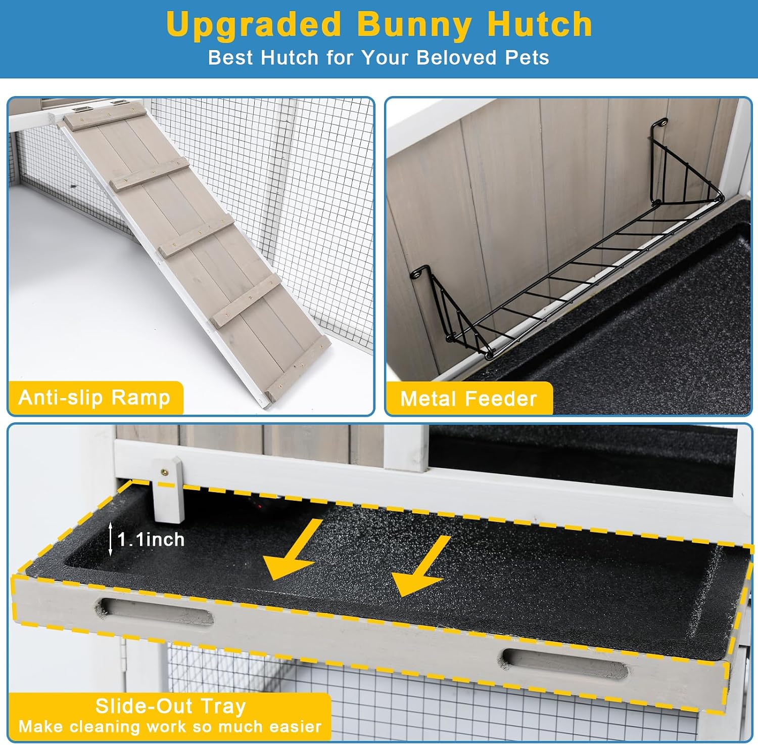 Ketive 48" L Rabbit Hutch Outdoor Indoor Bunny Hutch Weatherproof, 2-Story Wood Rabbit Cage with Deep Tray, Chew-Resistant Ramp, UV Roof, Bunny House for Small Animal, Expandable Guinea Pig Cage - Image 4