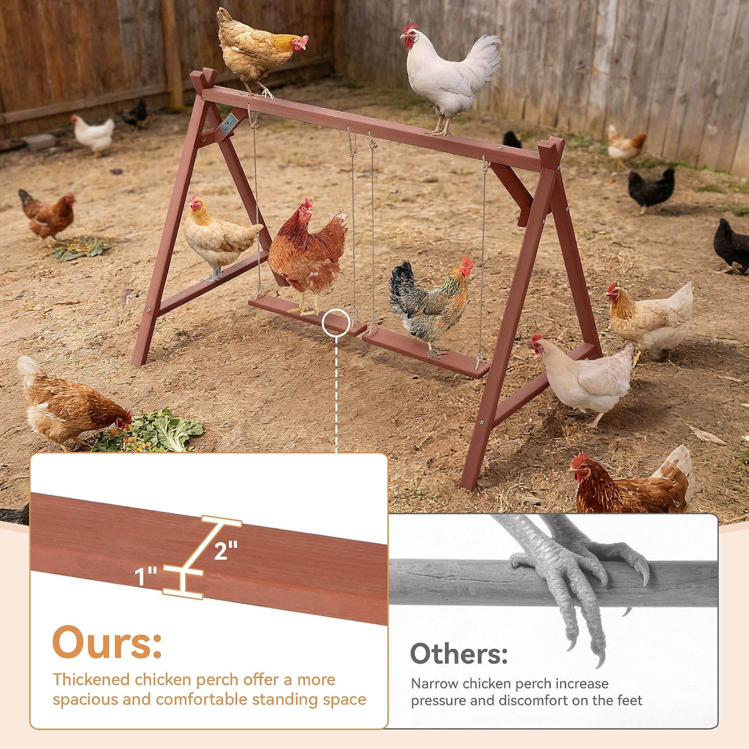 PETSFIT Wooden Solid Chicken Perch & Roosting Bars with 2 Swings, 50"x30"x34" Coop Toy for 6–8 Hens, Multi-Level Stand Encourages Exercise & Natural Behavior, Easy to Assemble & Clean,Outdoor Use - Image 4