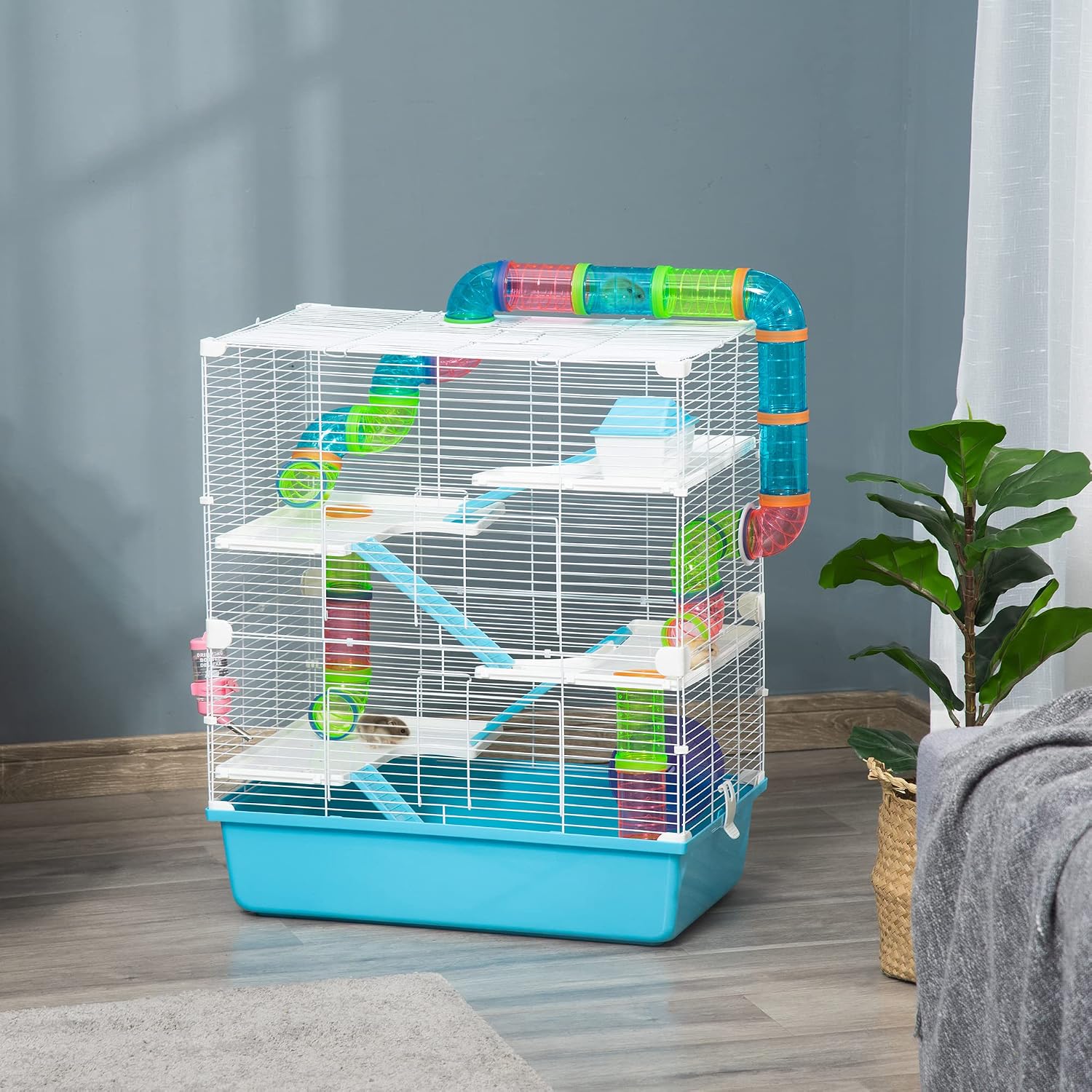 PawHut Extra Large 23" Hamster Cage with Tubes and Tunnels, Portable Carry Handles, Rat House and Habitats Big 5-Tier Design, Mouse Cage Includes Exercise Wheel, Water Bottle, Food Dish, Light Blue - Image 2