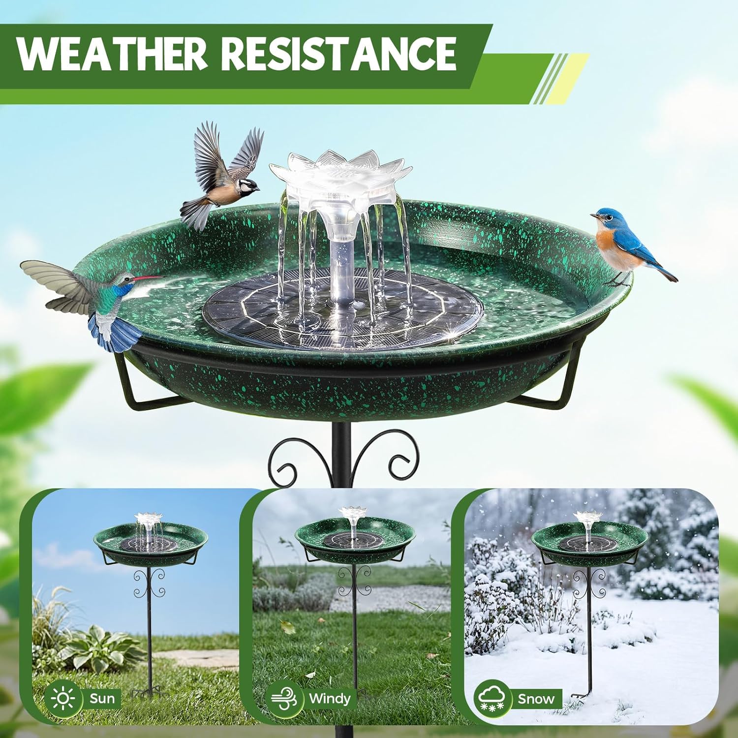 Metal Bird Bath with Solar Fountain for Hummingbirds,Stable Stylish Design with 5-Prong Base Metal Stake Bird Bath for Outside Lawn Patio Yard Garden - Image 5