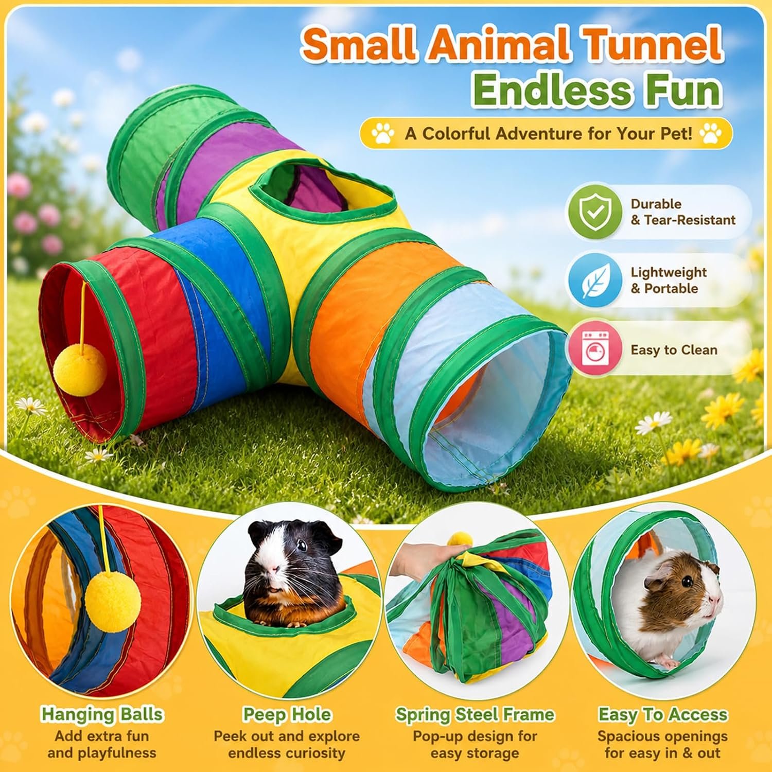 Rypet Guinea Pig Tunnel Hideout 3-Way Collapsible Small Pet Tubes, Rainbow | 3 Way Design for Exploration, Collapsible for Easy Storage, Built-in Play Ball, Hiding & Resting for Hamsters Ferrets - Image 3