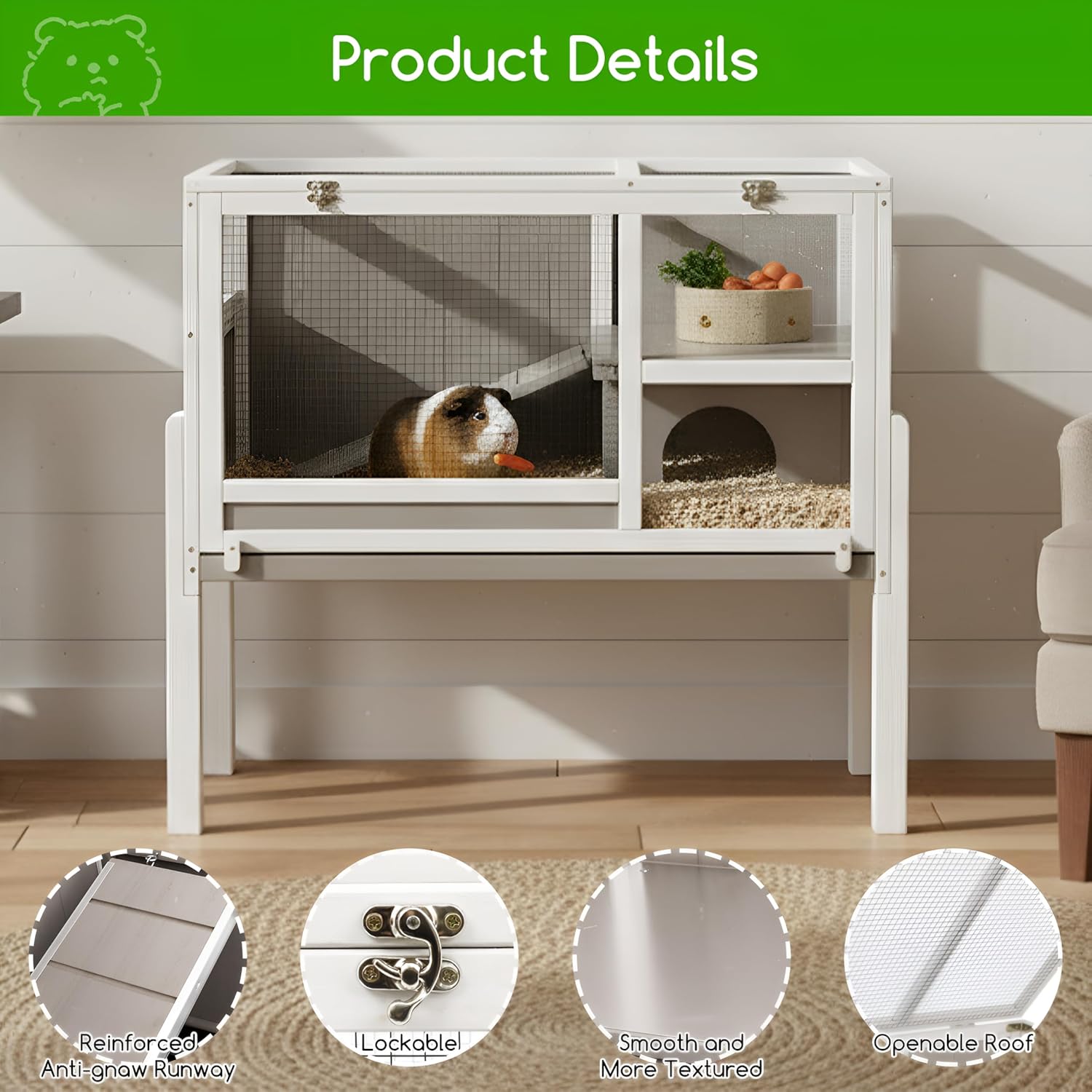 Guinea Pig Cages with Detachable Legs, 2-Storey Indoor Guinea Pig House Hamster Rabbit Cages for Small Animals with Pull Out Tray, Metal Strip Ramp, Ramp, Hideout - Image 2