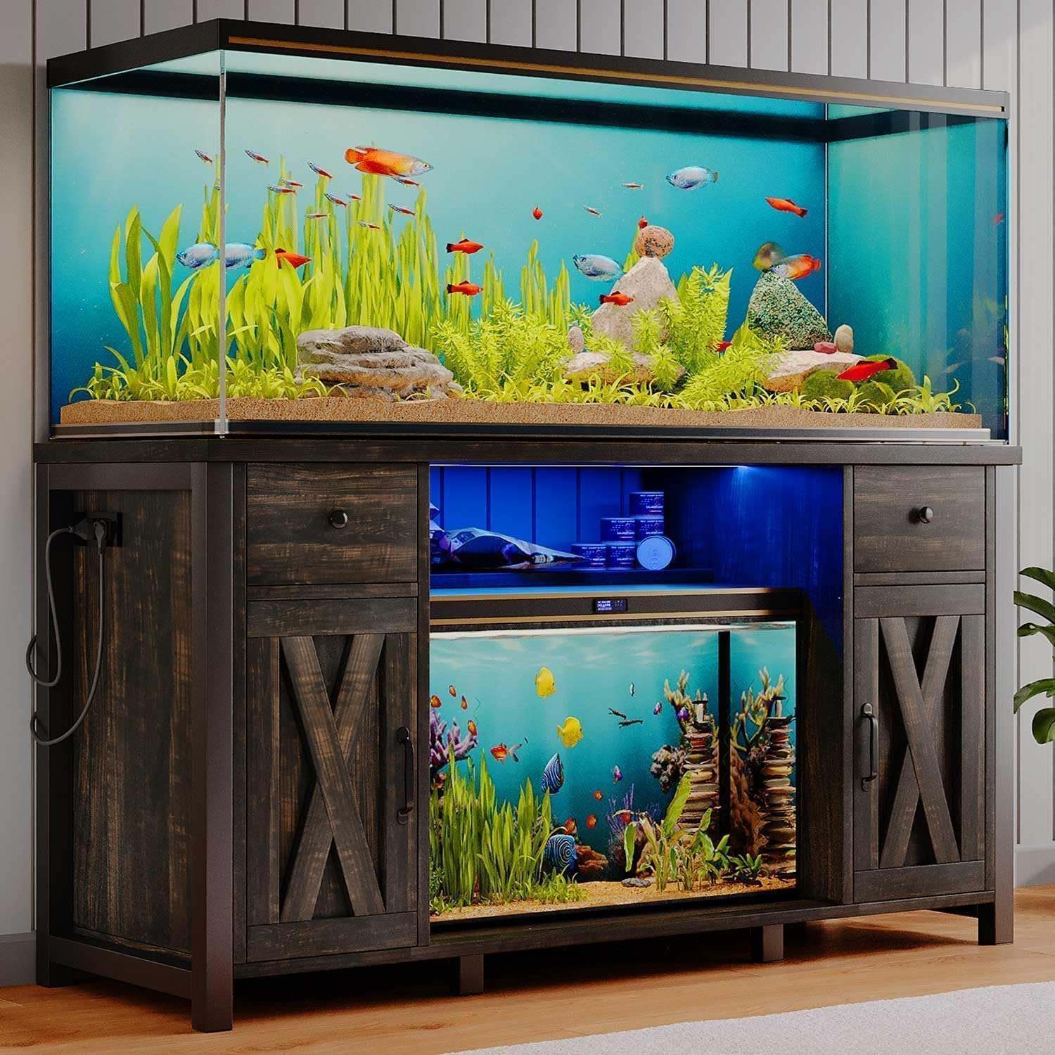 4ever2buy 55-75 Gallon Fish Tank Stand with Power Outlet & LED Lights, Heavy Duty Aquarium Stand with Storage Drawers & Barn Doors, Reptile Tank Cabinet for Turtle, Reptile Terrarium, Dark Oak